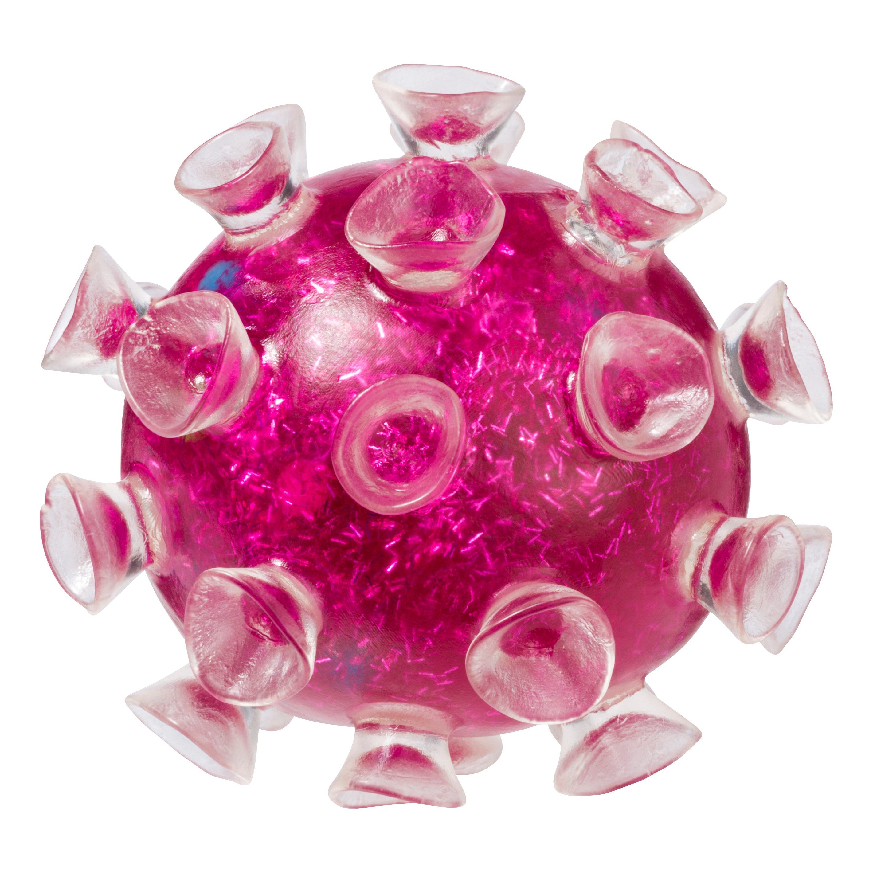 The Toysmith Squishy Sucker Ball by Toysmith is a round, translucent pink ball with shiny glitter and clear suction cups, ideal as a sensory toy. Shown against a white background.