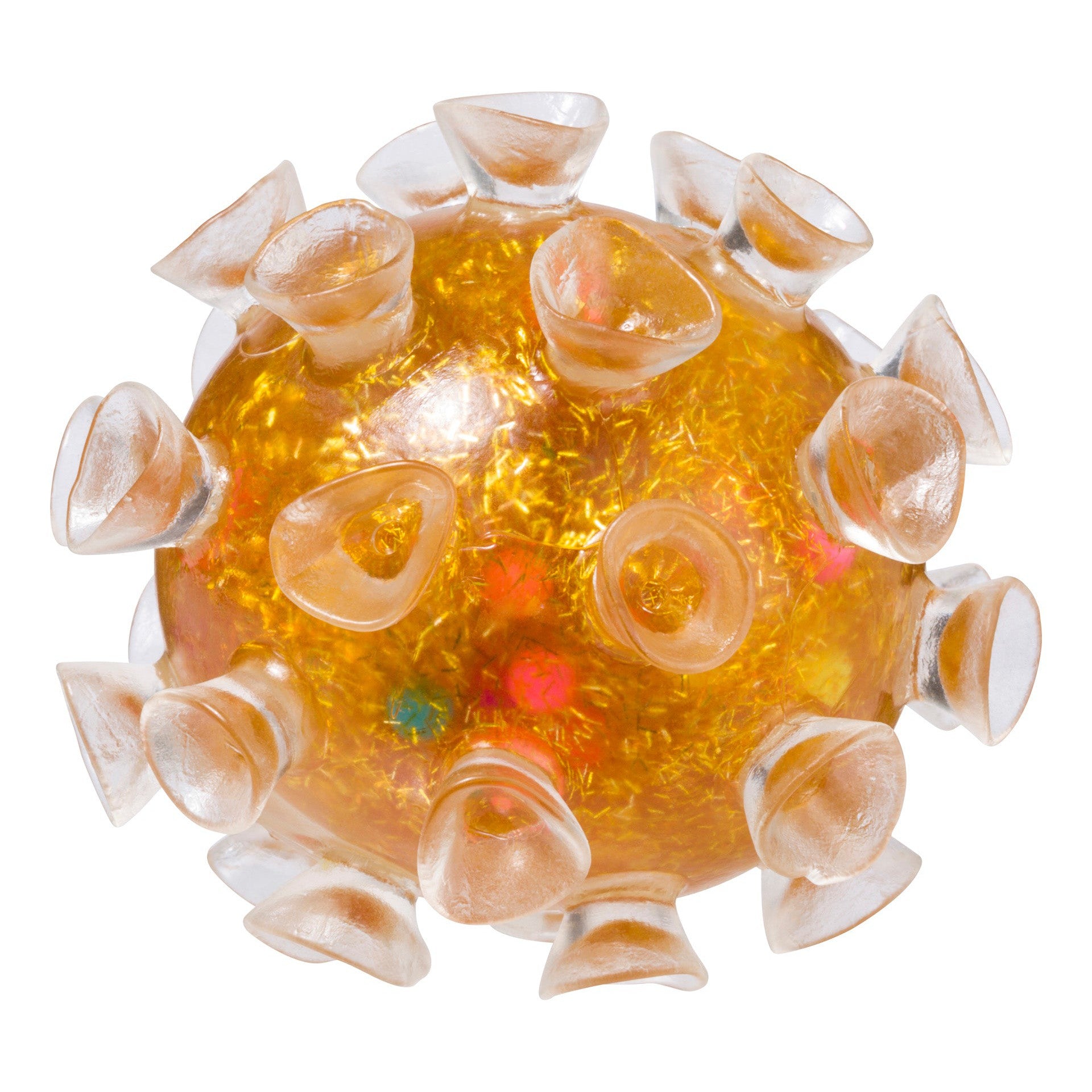 The Toysmith Squishy Sucker Ball by Toysmith is a round, golden sensory toy with textured, transparent cone-shaped protrusions, resembling an abstract virus model against a white background.