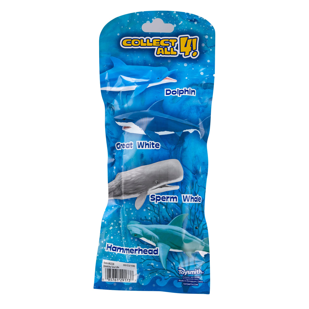 Blue packaging for Toysmith Super Stretchy Sand Filled Sea Life features illustrated dolphin, great white shark, sperm whale, and hammerhead shark with "Collect All 4!" Each animal is labeled. Toysmith logo appears in the bottom right corner.