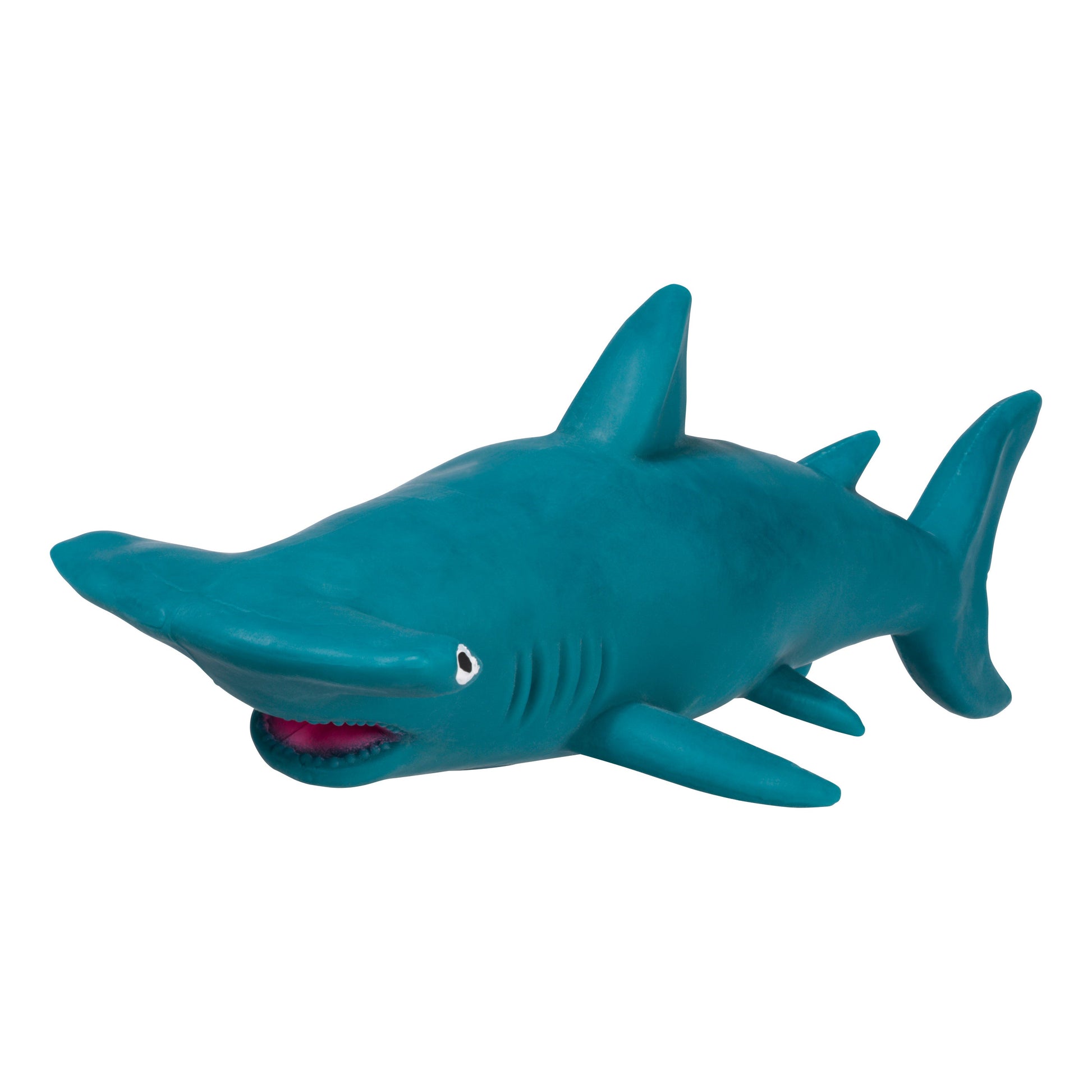 A blue clay hammerhead shark from Toysmith Super Stretchy Sand Filled Sea Life, featuring a wide mouth with teeth, two side fins, and a large dorsal fin—an engaging Toysmith sensory toy shown on a white background.