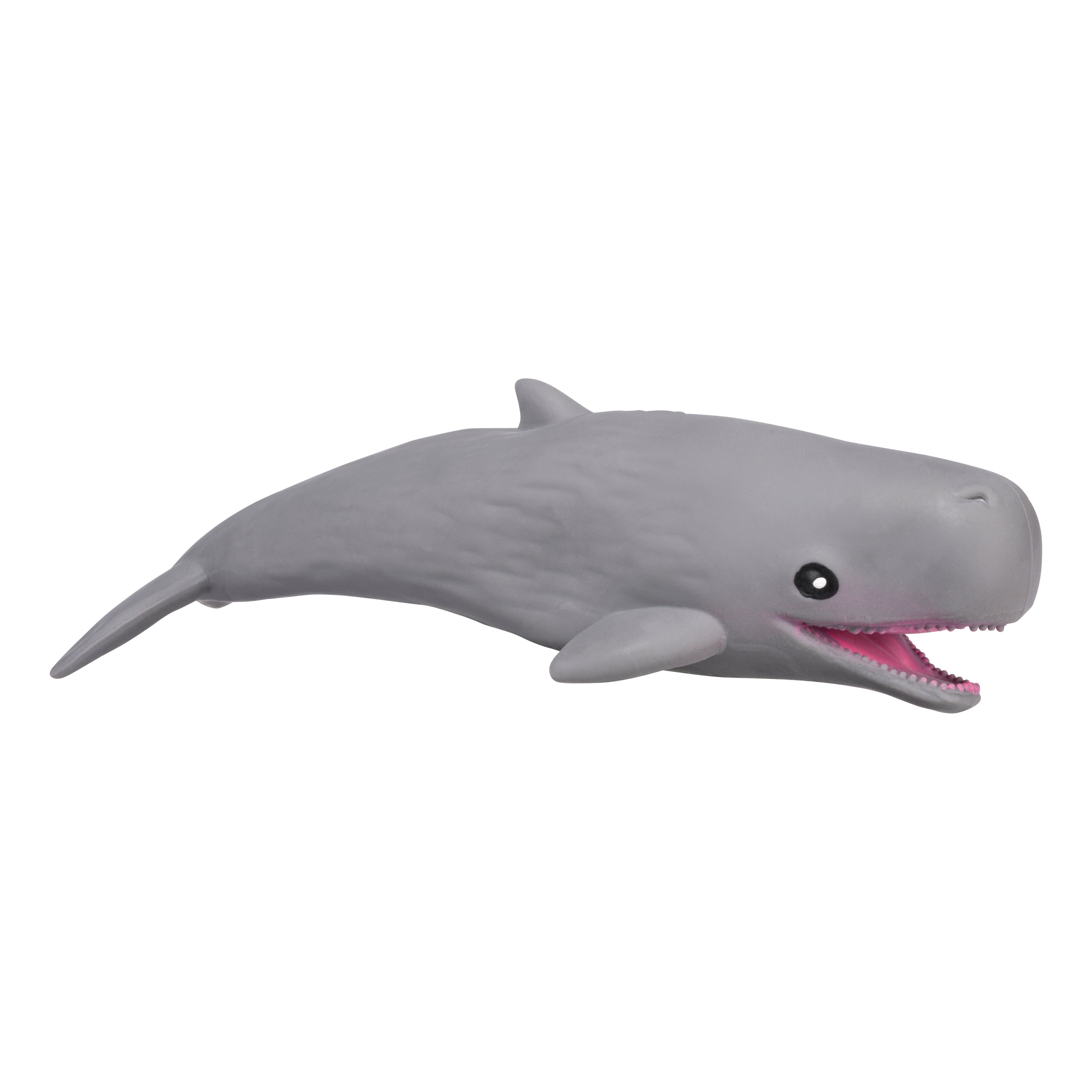 A gray cartoon-style sand-filled sensory whale toy with a smiling face and open pink mouth from the Toysmith Super Stretchy Sea Life collection by Toysmith, shown on a white background.