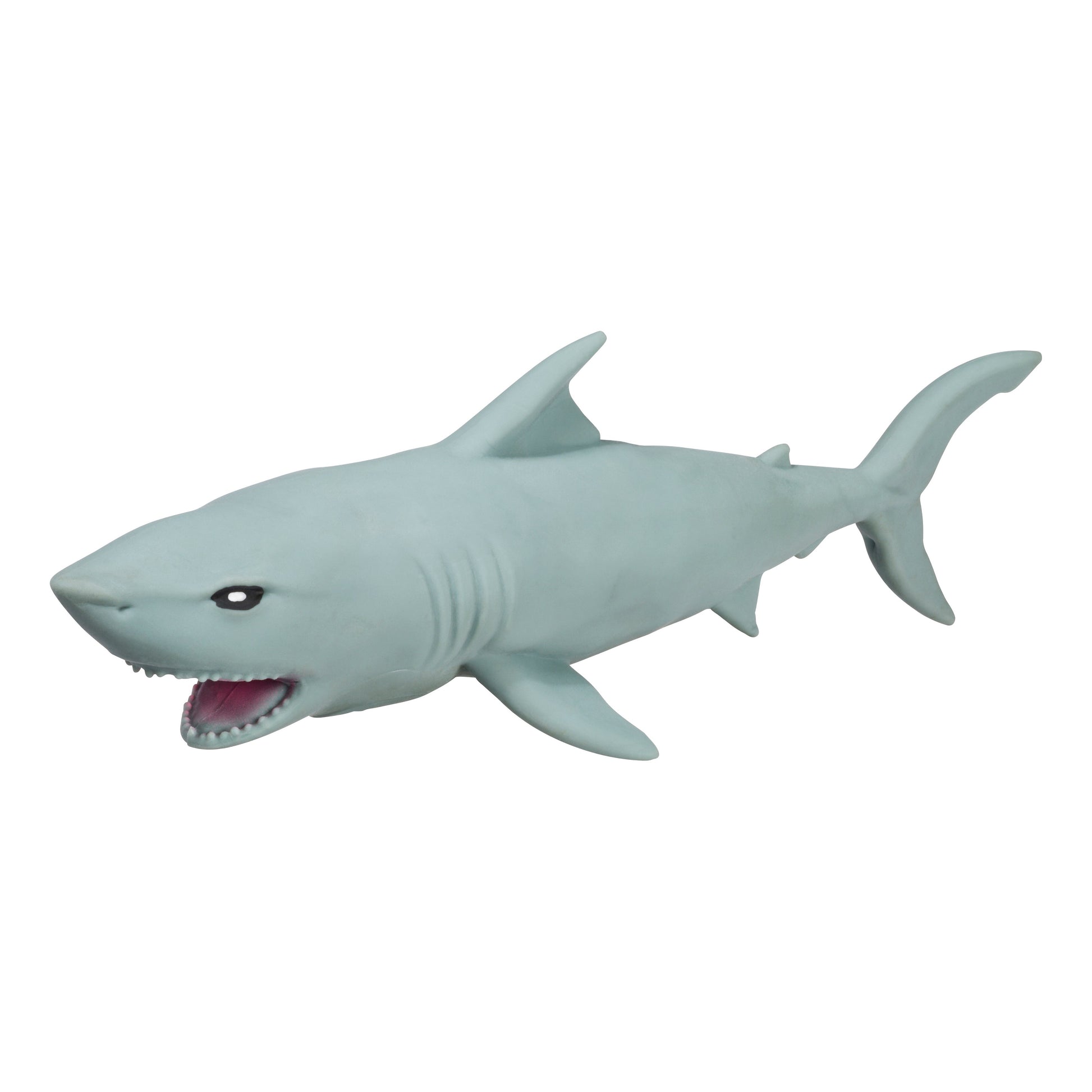 The Toysmith Super Stretchy Sand Filled Sea Life shark is a realistic gray sensory toy with an open mouth, detailed teeth, and pink tongue—perfect for ocean-themed play. From the Toysmith brand. Shown isolated on a white background.