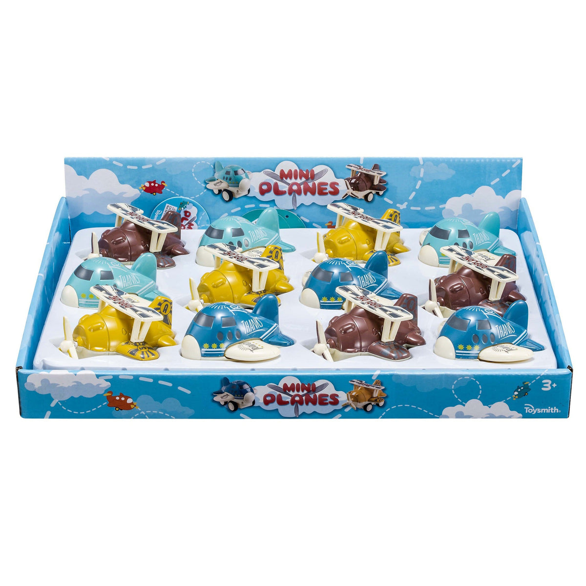 The Toysmith 4in Mini Friction Planes display box includes 12 colorful blue, yellow, and brown planes in three rows. Decorated with clouds and labeled “Mini Planes,” this Toysmith toy is perfect for young aviation fans.