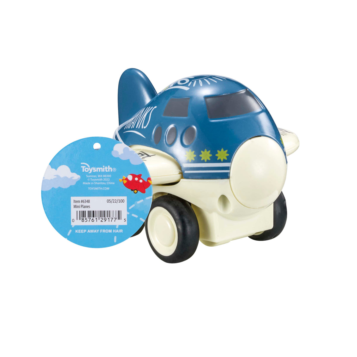 A blue and white Toysmith 4in Mini Friction Plane with black wheels and flower designs is shown. A round tag displays the Toysmith brand. This cartoon-style toy is perfect for little pilots who enjoy playful, mini planes.