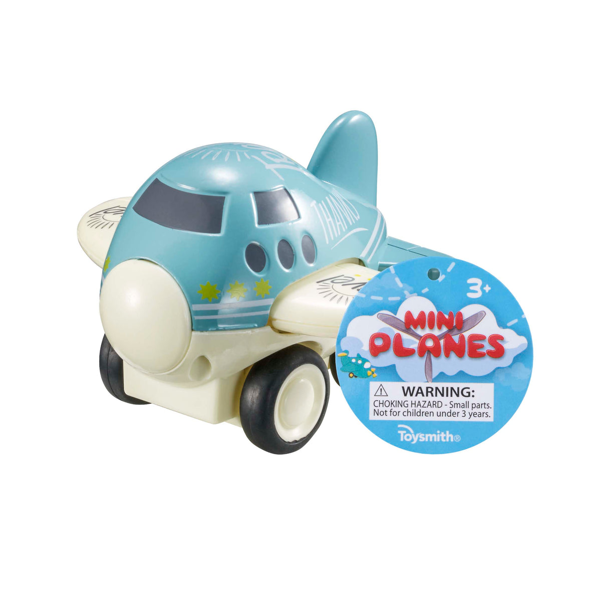 A light blue and white Toysmith 4in Mini Friction Plane for kids features wheels, a Toysmith tag with warning label, and is recommended for ages 3+.