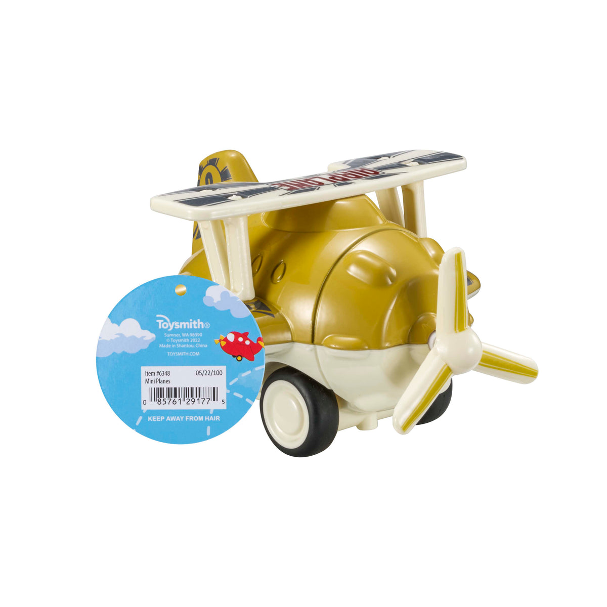 The Toysmith 4in Mini Friction Plane by Toysmith is a yellow and white toy biplane with spinning propeller, wheels, and a blue cloud tag—ideal for young fans of planes.