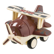 The Toysmith 4in Mini Friction Plane by Toysmith is a brown and cream kids’ toy biplane with black wheels, a spinning propeller, and "AIRPLANE" on the top wing—perfect for any toy plane collection.