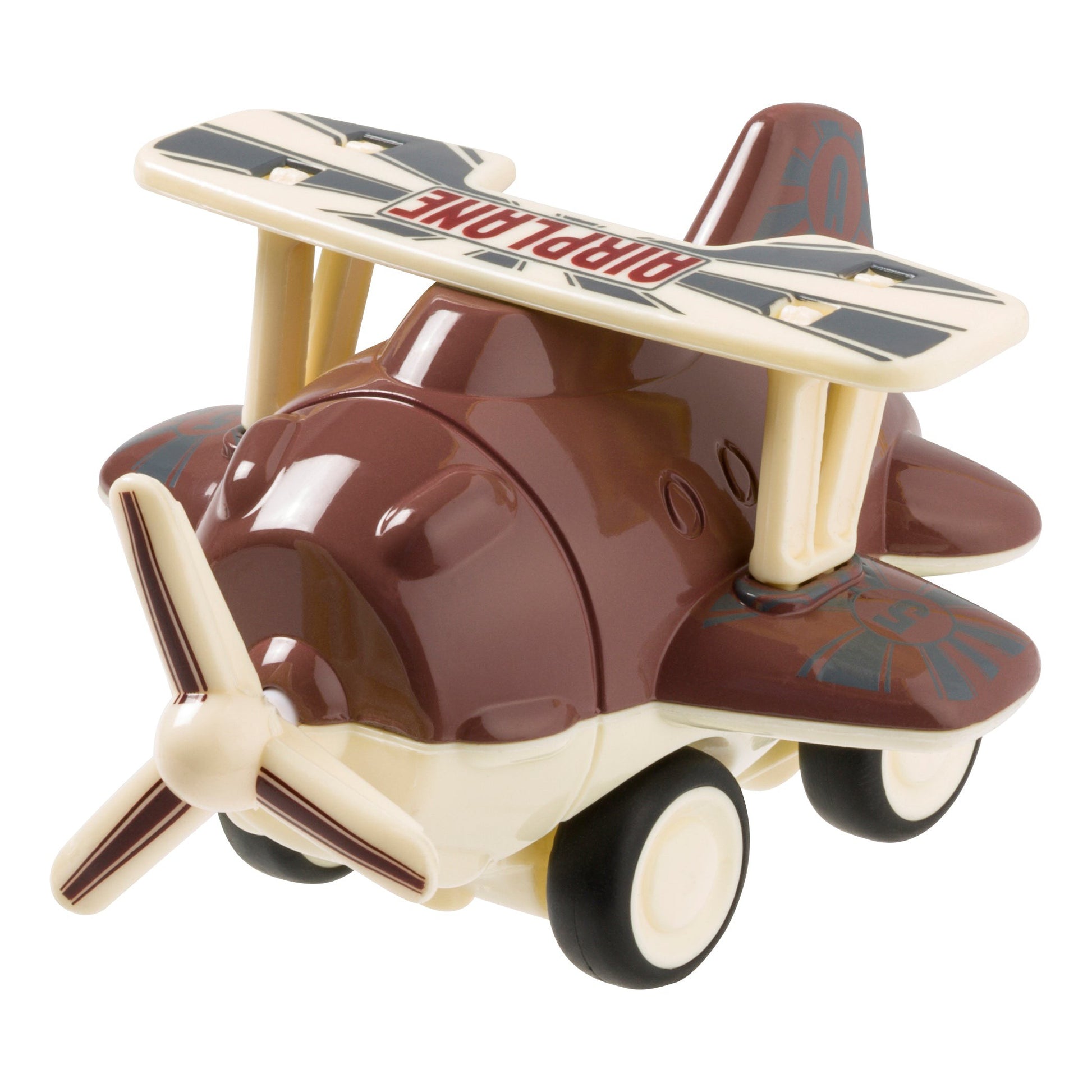 The Toysmith 4in Mini Friction Plane by Toysmith is a brown and cream kids’ toy biplane with black wheels, a spinning propeller, and "AIRPLANE" on the top wing—perfect for any toy plane collection.