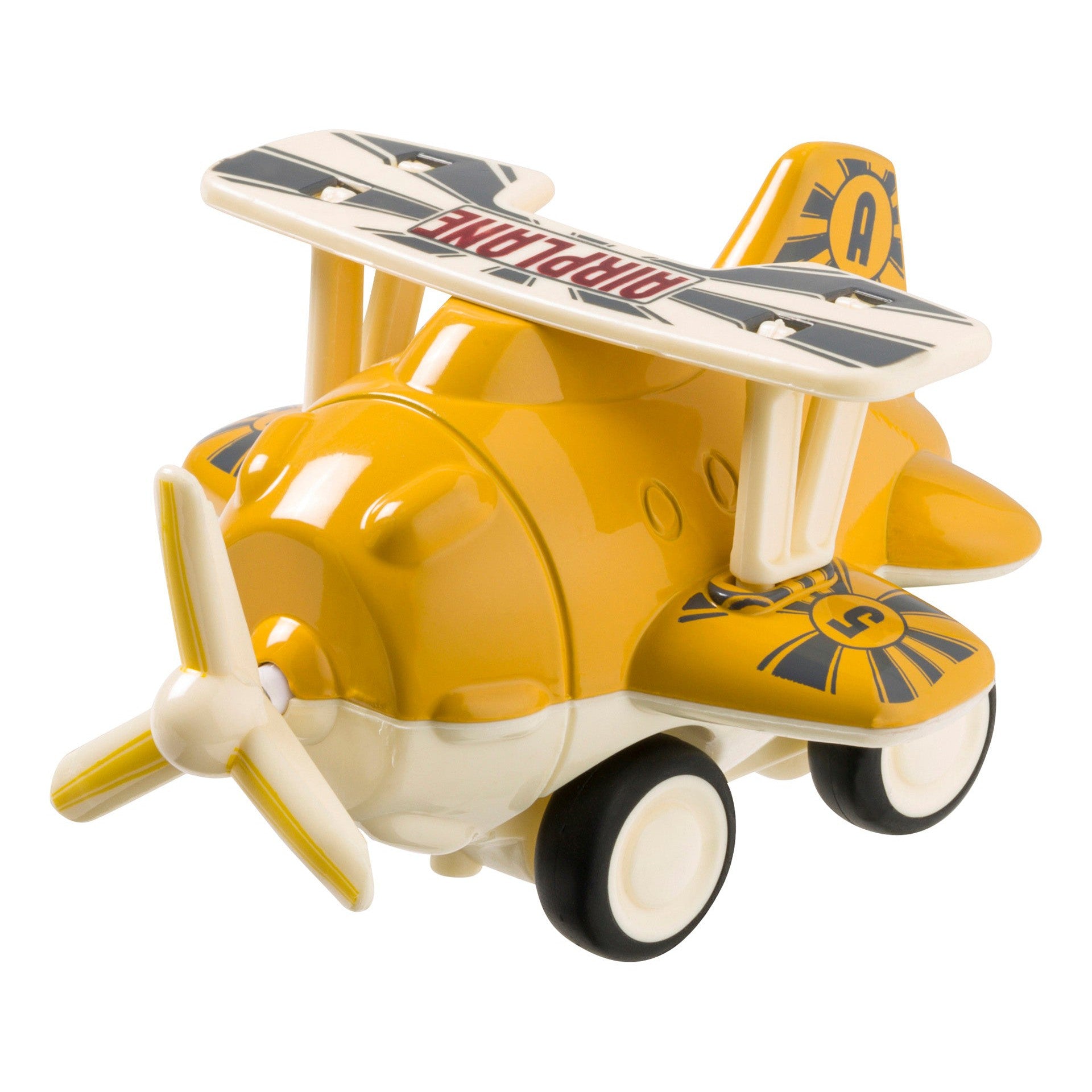 The Toysmith 4in Mini Friction Plane by Toysmith is a yellow and white biplane with black wheels, a front propeller, "AIRPLANE" on the wing, and the number 5 on the side—ideal for young toy plane enthusiasts.