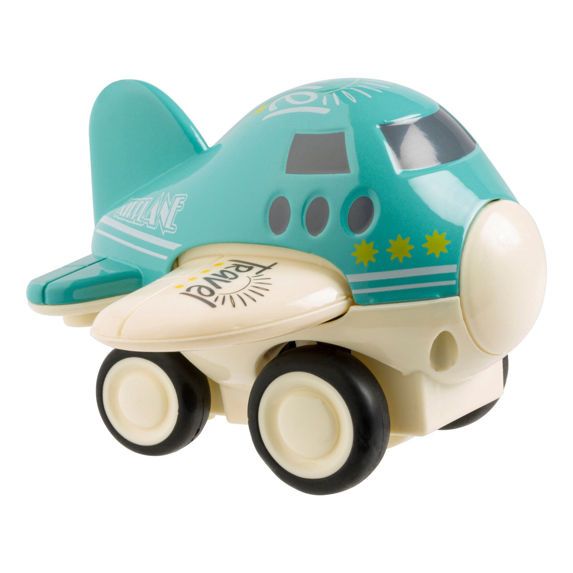The Toysmith 4in Mini Friction Planes features a teal and white design with four wheels, yellow stars on the side, and cartoon eyes on the cockpit, shown against a plain white background.