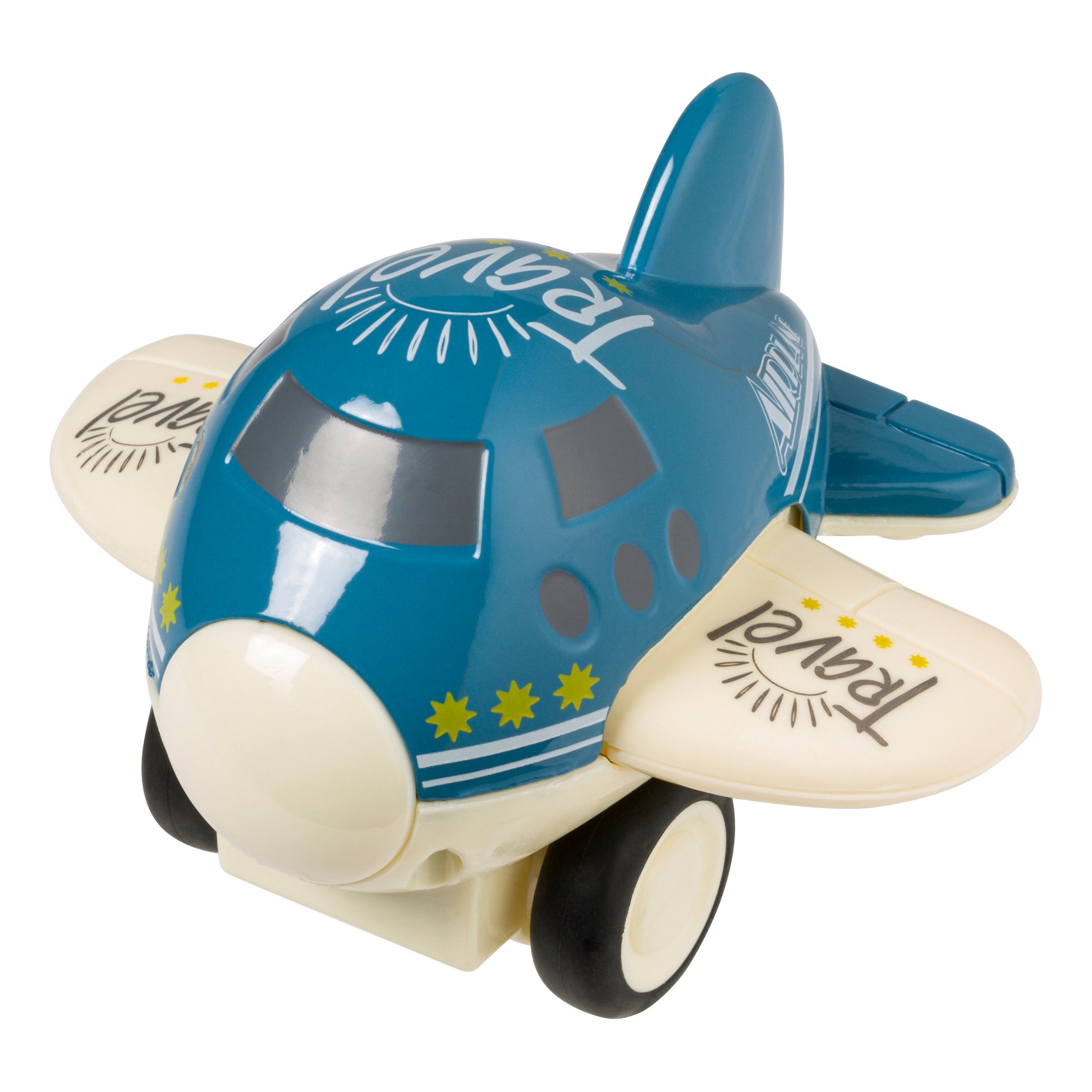 The Toysmith 4in Mini Friction Plane, by Toysmith, is a blue and white kids’ toy airplane with black wheels, sunburst designs, “Travel” on its wings, cartoon-style windows, and playful details.