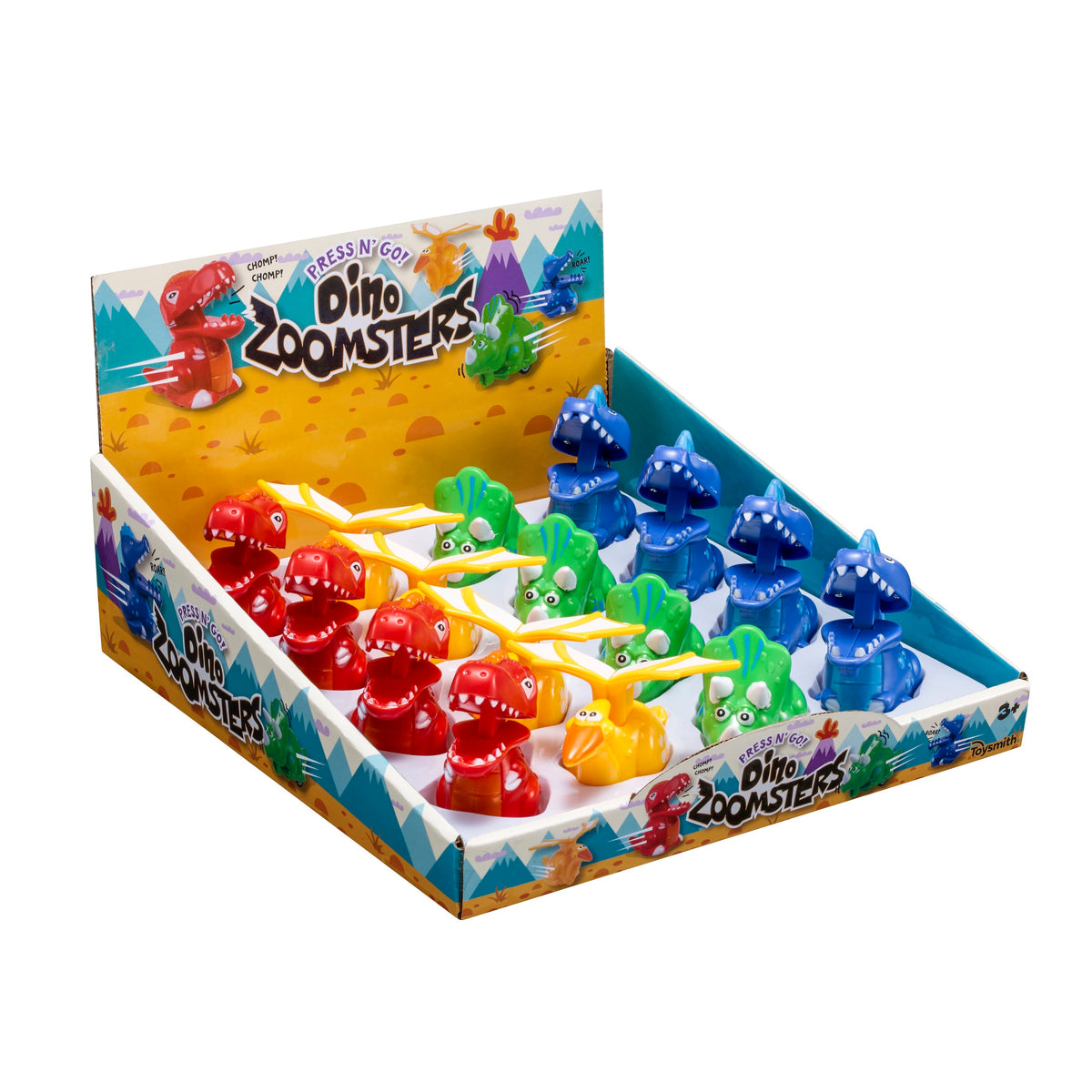 A display box of Toysmith Dino Press N’ Go Zoomers racing dino toys—red, green, yellow, and blue with wheels—by Toysmith, shown against a mountain-themed background.