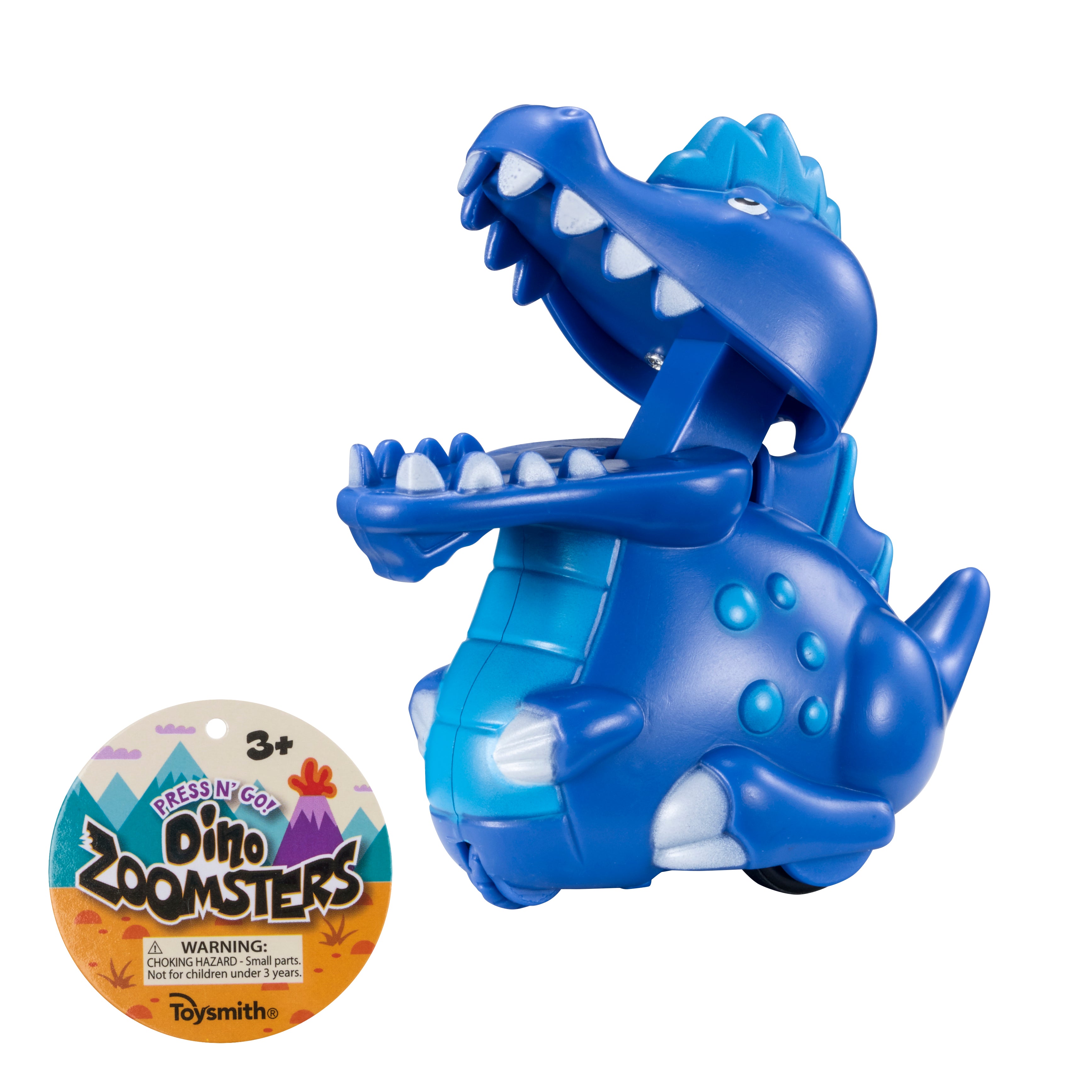 The Toysmith Dino Press N' Go Zoomers is a blue plastic dinosaur toy with white spots and an open mouth, designed by Toysmith for ages 3 and up.
