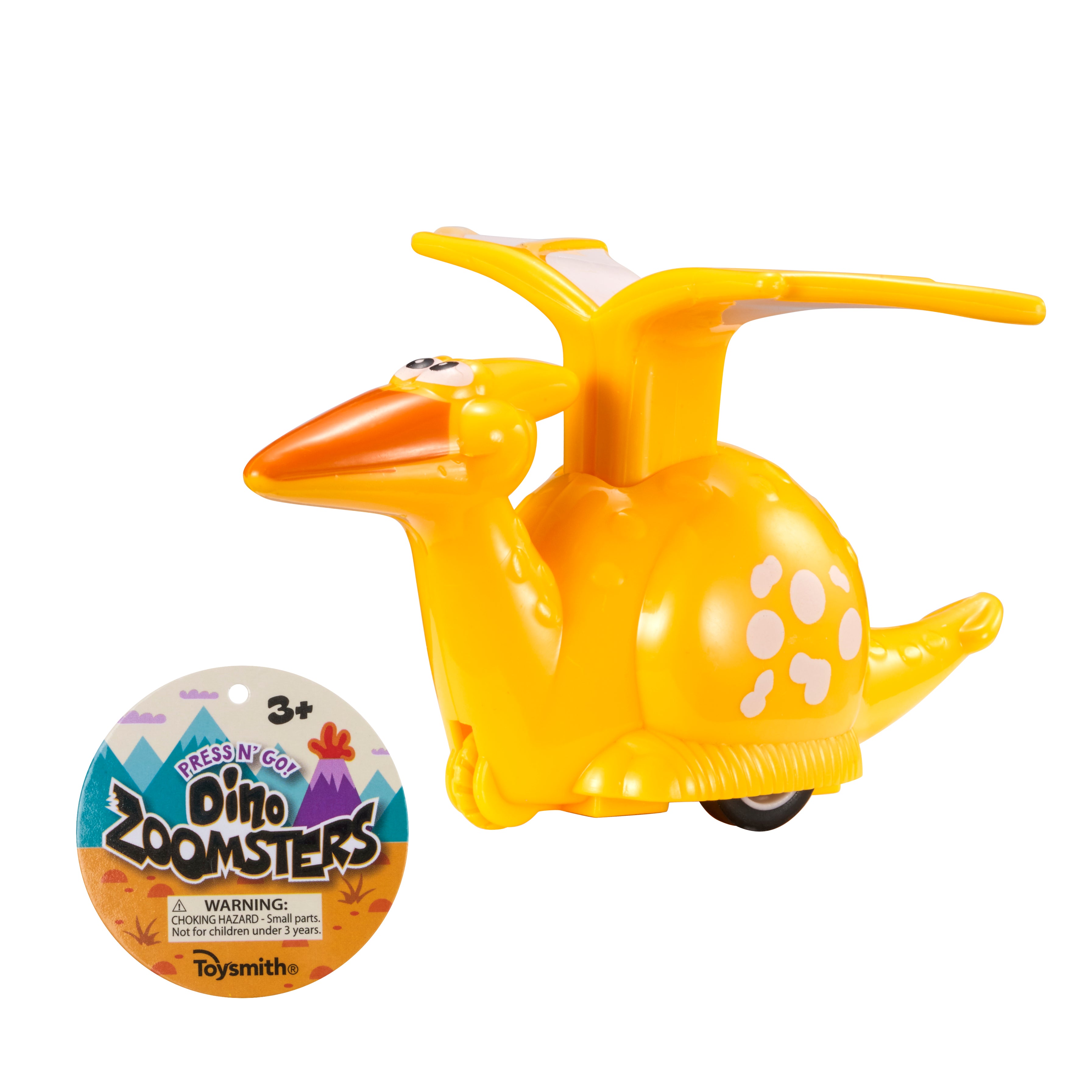 A yellow plastic racing dino toy with white spots, orange beak, and back wings is shown beside a round "Toysmith Dino Press N' Go Zoomers" label. Suitable for ages 3+, by Toysmith.