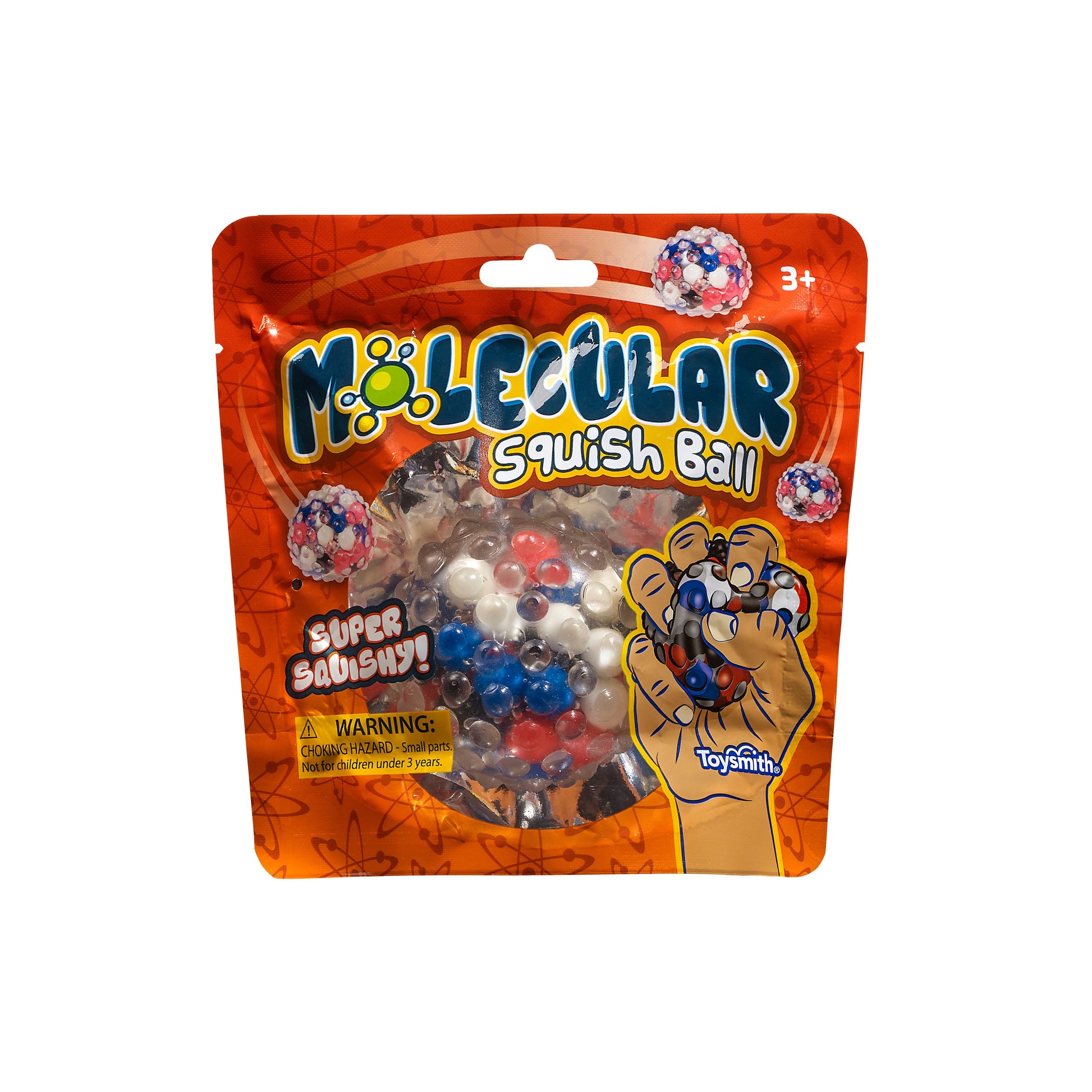 An orange package labeled Toysmith Molecular Squish Ball reveals a clear sensory toy packed with colorful beads, playful cartoon designs, and a warning stating it’s for children ages 3 and up. A hand squeezing the ball shows its stress-relief function.