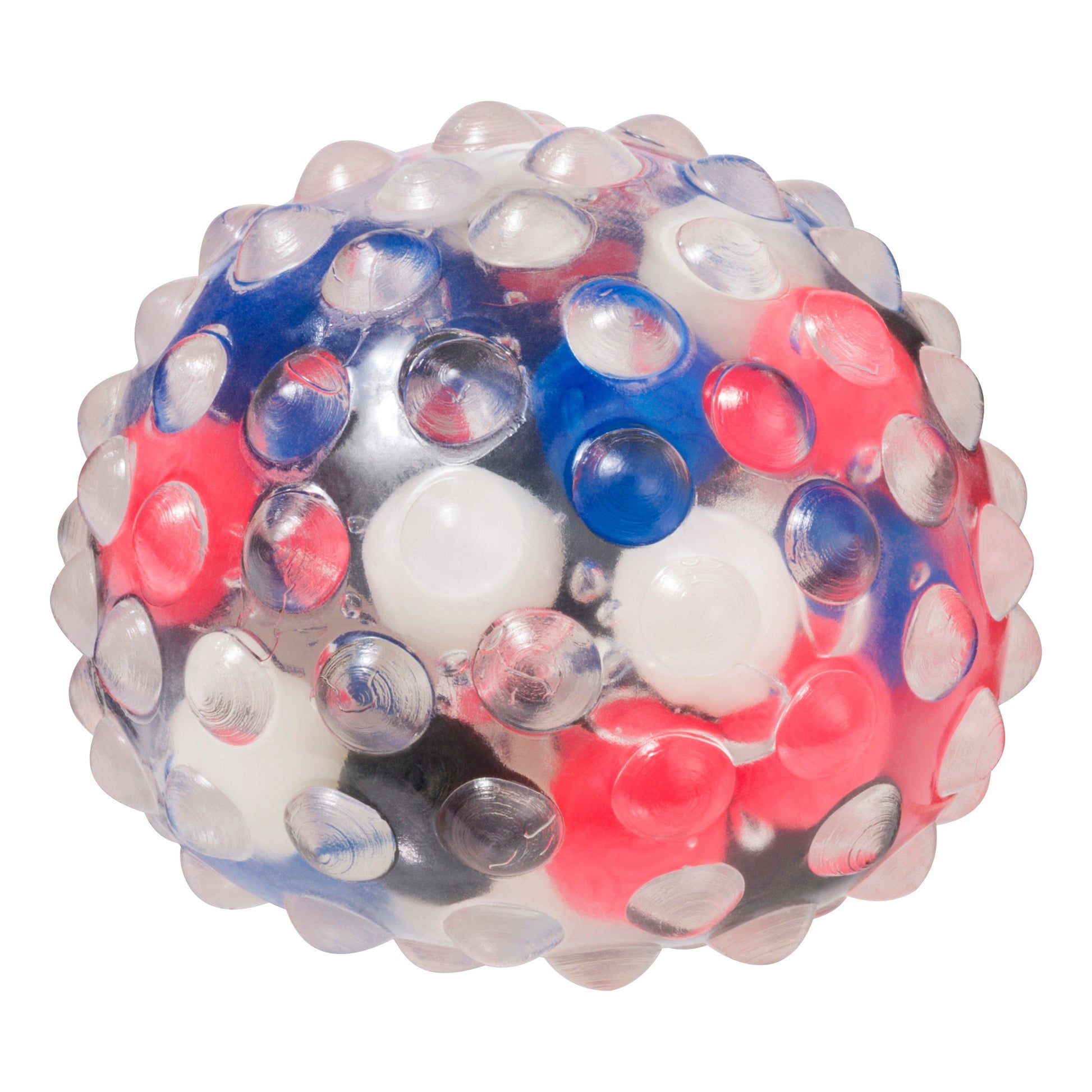 The Toysmith Molecular Squish Ball is a clear sensory toy by Toysmith featuring raised circular bumps for stress relief and fine motor skills. It contains smaller red, white, blue, and black balls inside. Shown on a white background.