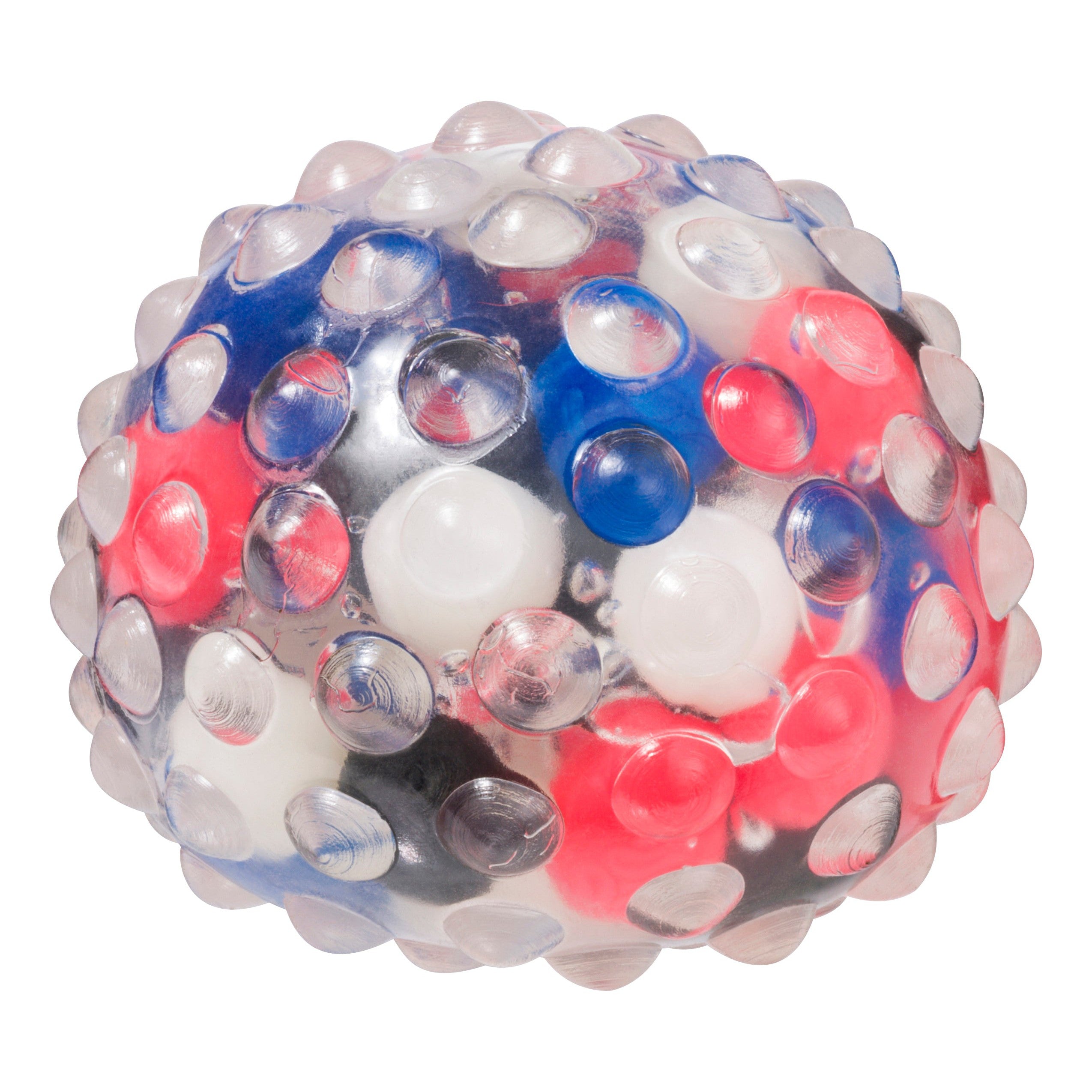 The Toysmith Molecular Squish Ball is a clear sensory toy by Toysmith featuring raised circular bumps for stress relief and fine motor skills. It contains smaller red, white, blue, and black balls inside. Shown on a white background.