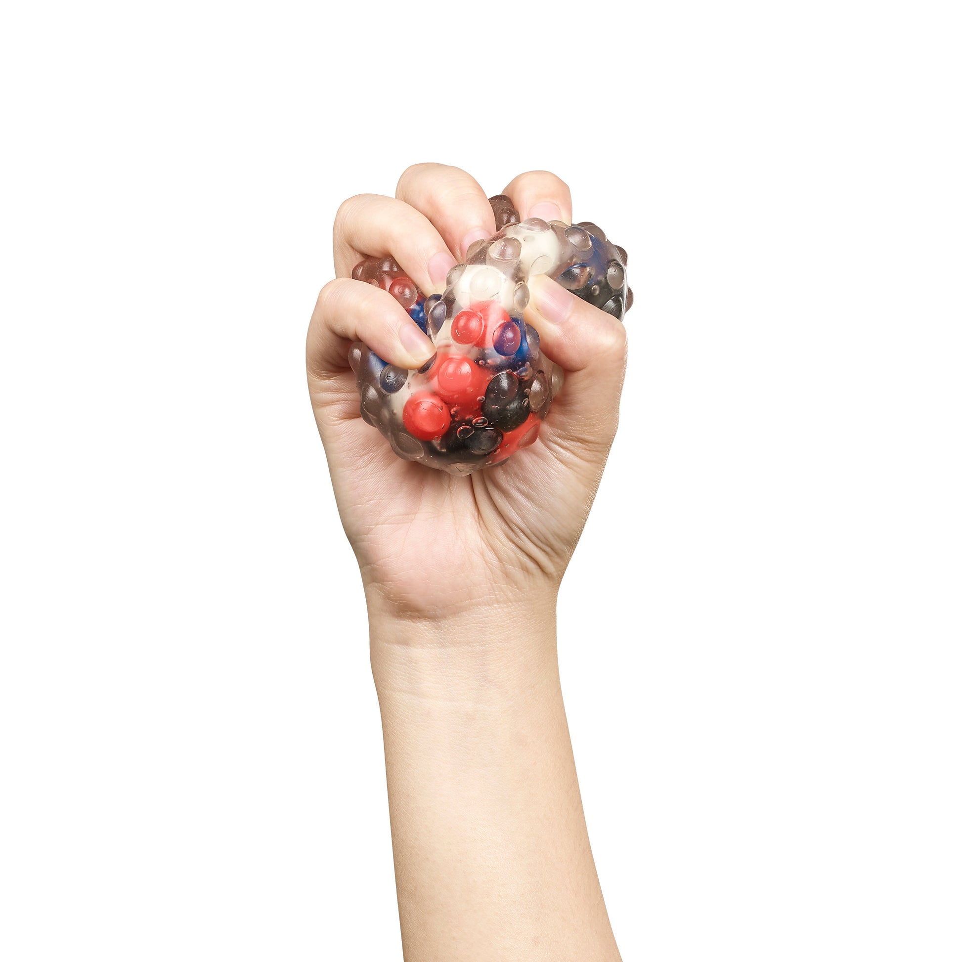 A hand squeezes the Toysmith Molecular Squish Ball by Toysmith—a clear sensory stress toy filled with colorful beads, shown against a white background. Ideal for stress relief and improving fine motor skills.