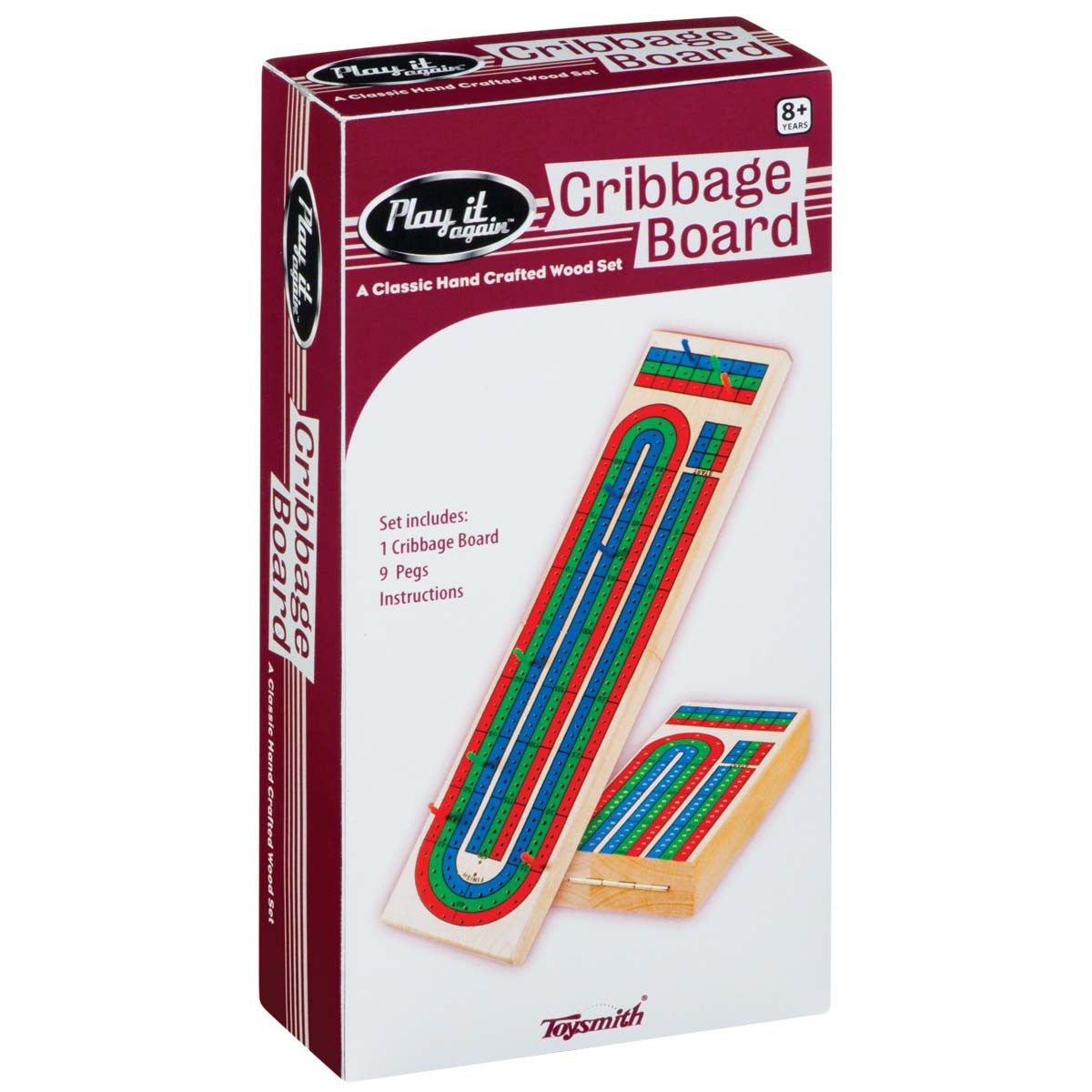 The Toysmith Triple Track Cribbage Board boxed set features a handcrafted wooden board with colorful tracks and pegs, packaged for ages 8+, and labeled “Cribbage Board” by the Toysmith brand.