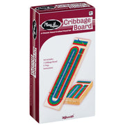 The Toysmith Triple Track Cribbage Board boxed set features a handcrafted wooden board with colorful tracks and pegs, packaged for ages 8+, and labeled “Cribbage Board” by the Toysmith brand.