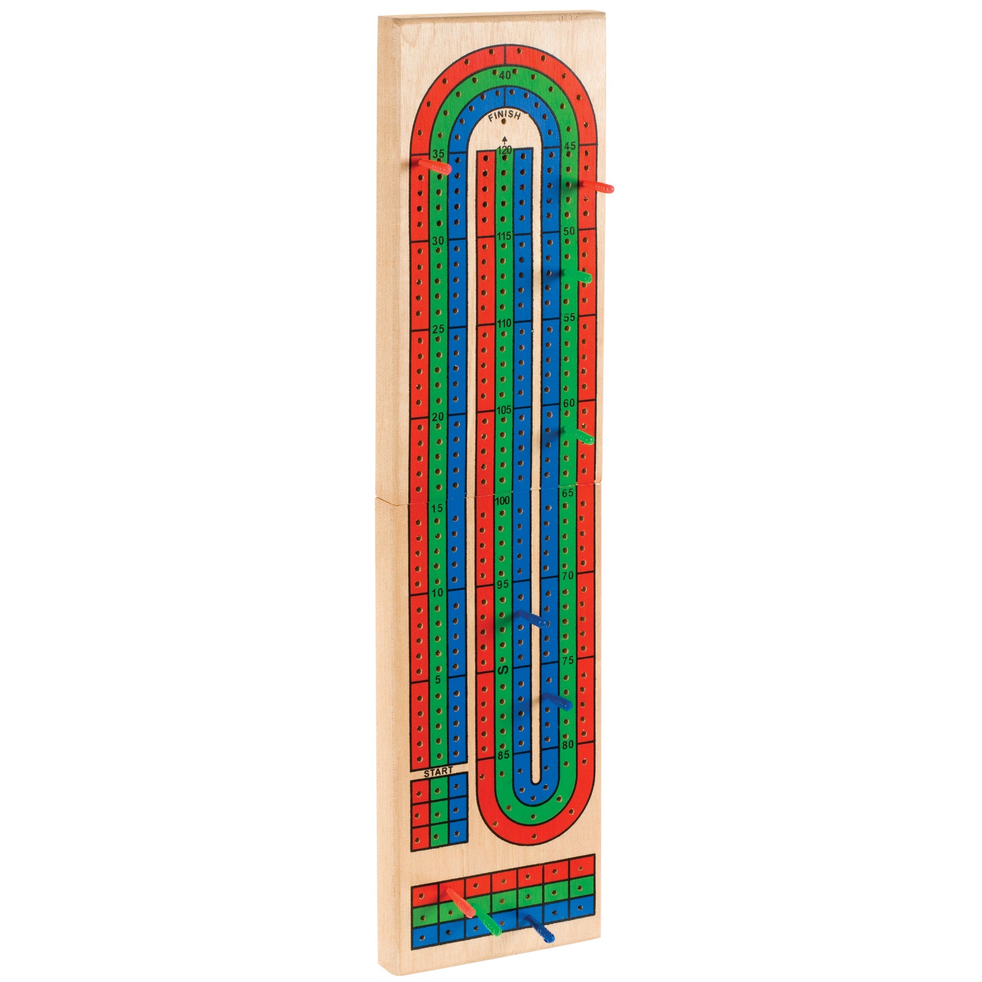 The Toysmith Triple Track Cribbage Board is a rectangular wooden board featuring red, green, and blue scoring tracks, each with pegs inserted along the holes.