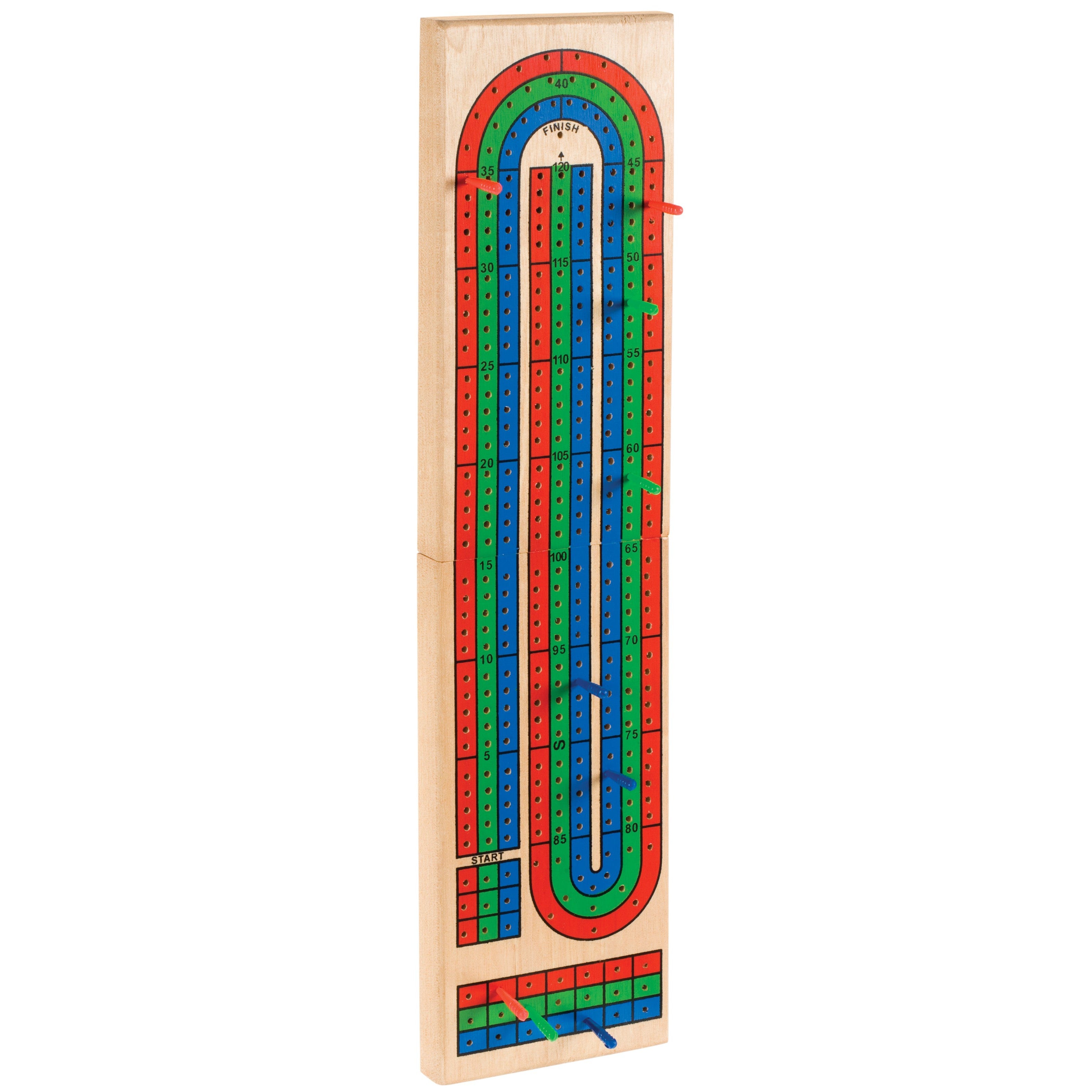 The Toysmith Triple Track Cribbage Board is a rectangular wooden board featuring red, green, and blue scoring tracks, each with pegs inserted along the holes.
