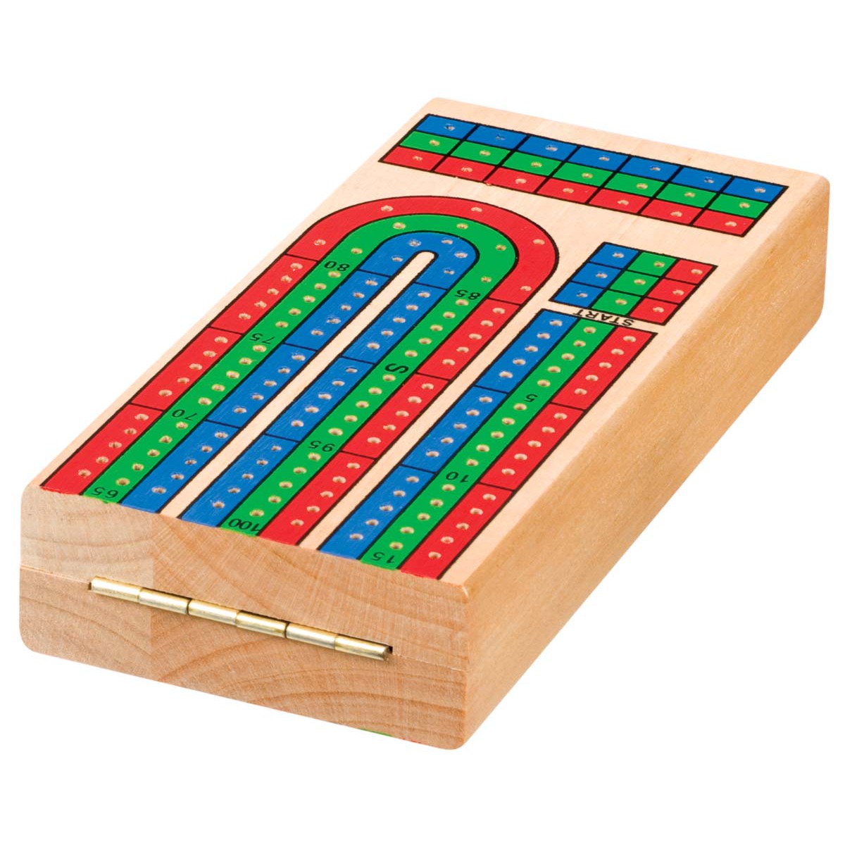 The Toysmith Triple Track Cribbage Board features a rectangular wooden box, a vibrant red, green, and blue triple track on top, and a brass hinge. Perfect for game nights, this Toysmith set brings classic charm to your collection.