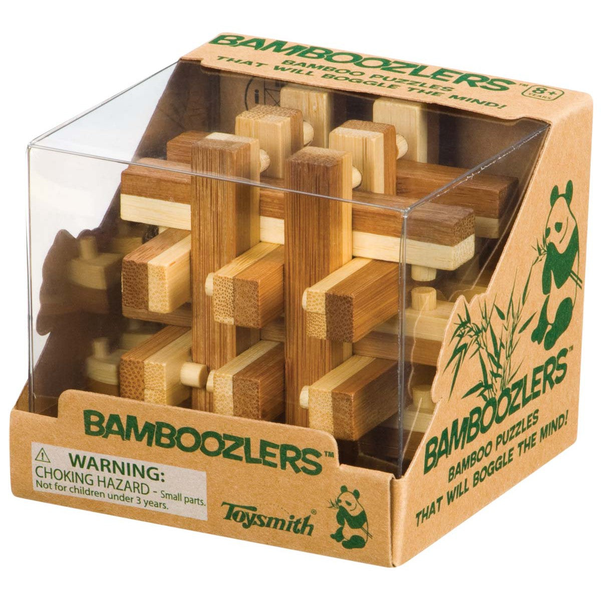 The Toysmith Bamboozlers Puzzle Asst is a boxed wooden brainteaser with interlocking pieces, designed to build problem-solving skills. The packaging features a panda illustration and includes a choking hazard warning for small parts.