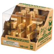 The Toysmith Bamboozlers Puzzle Asst is a boxed wooden brainteaser with interlocking pieces, designed to build problem-solving skills. The packaging features a panda illustration and includes a choking hazard warning for small parts.