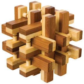 The Toysmith Bamboozlers Puzzle Asst by Toysmith features interlocking light and dark brown wooden blocks, forming a complex geometric 3D challenge to engage your problem-solving skills.