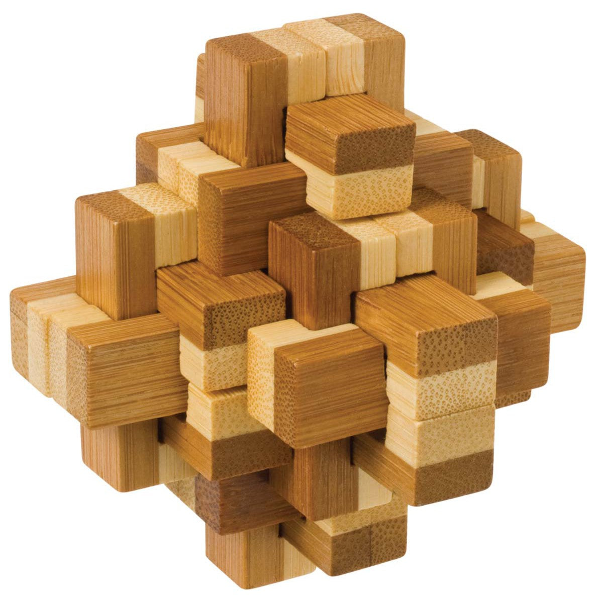 The Toysmith Bamboozlers Puzzle Asst by Toysmith is a wooden 3D brainteaser made of interlocking light and dark brown blocks, forming a complex geometric shape that challenges your problem-solving skills.