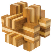The Toysmith Bamboozlers Puzzle Asst by Toysmith features rectangular wooden blocks in various brown tones, interlocking to form a challenging 3D brainteaser that helps boost your problem-solving skills.