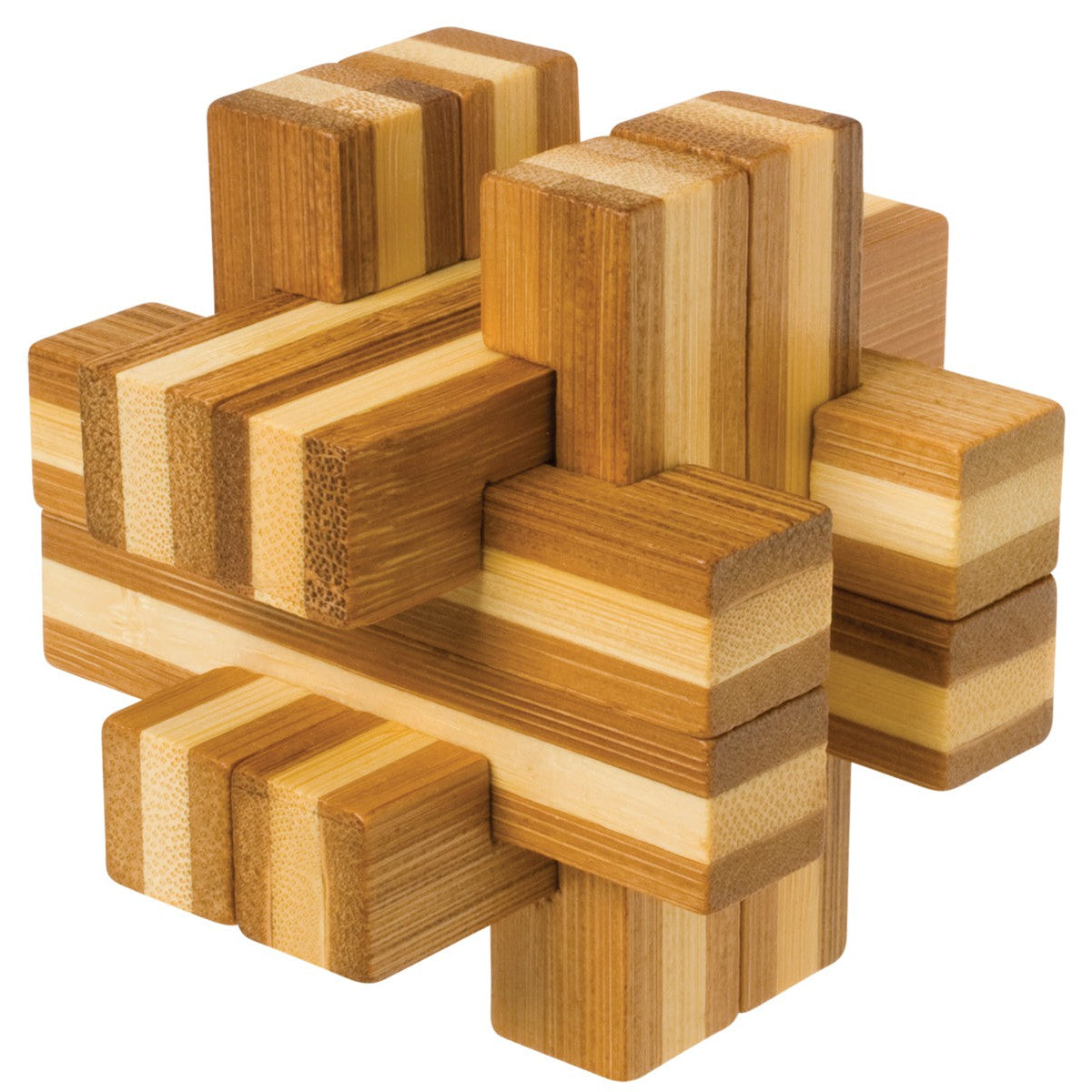 The Toysmith Bamboozlers Puzzle Asst by Toysmith features rectangular wooden blocks in various brown tones, interlocking to form a challenging 3D brainteaser that helps boost your problem-solving skills.