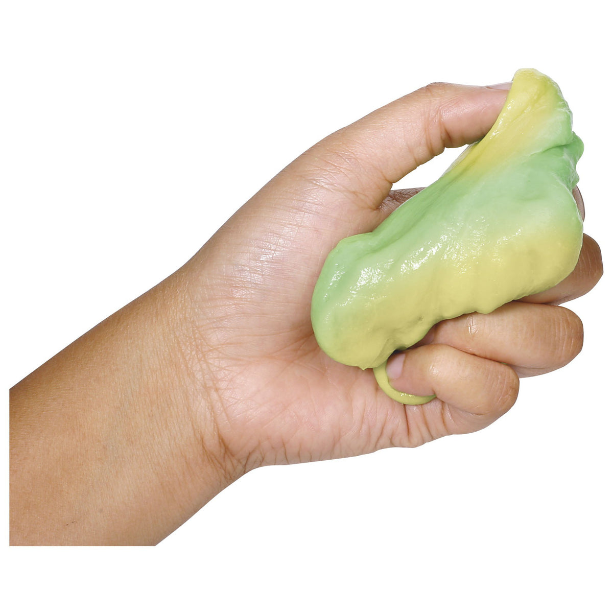 A hand squeezes Glow-Tec Mood Mudd Changing Color Dough in green and yellow, set against a pure white background.