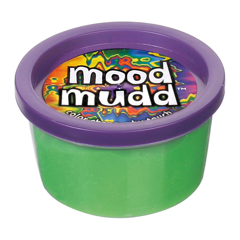 The Glow-Tec Mood Mudd Changing Color Dough comes in a small plastic container with a purple lid and psychedelic label, filled with bright green, color-changing putty that’s fun to squish and play with.