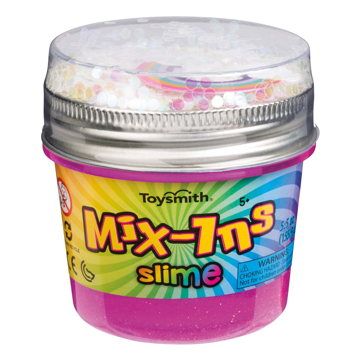 A container of Toysmith Mix-Ins Slime Asst by Toysmith, with a silver lid, clear top revealing colorful beads inside, and a vibrant multicolored label displaying the product name and a choking hazard warning.