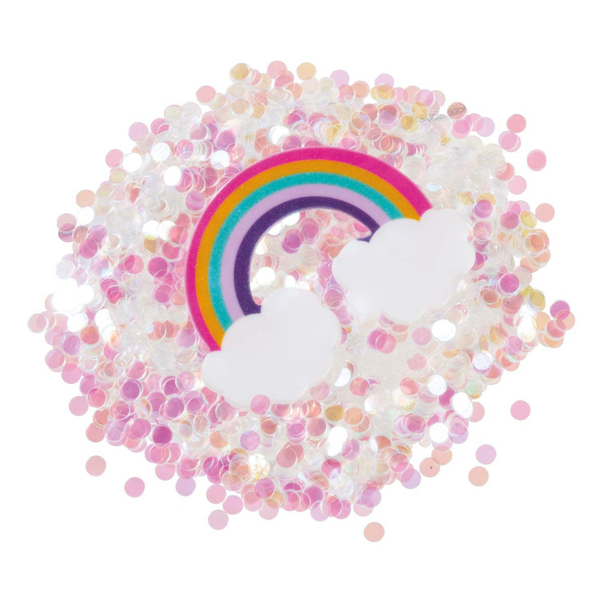 A vibrant rainbow with white clouds is accented by iridescent confetti, inspiring Toysmith Mix-Ins Slime Asst by Toysmith—perfect for creative putty slime or as fun mix-ins for your favorite slime kit on a clean white background.