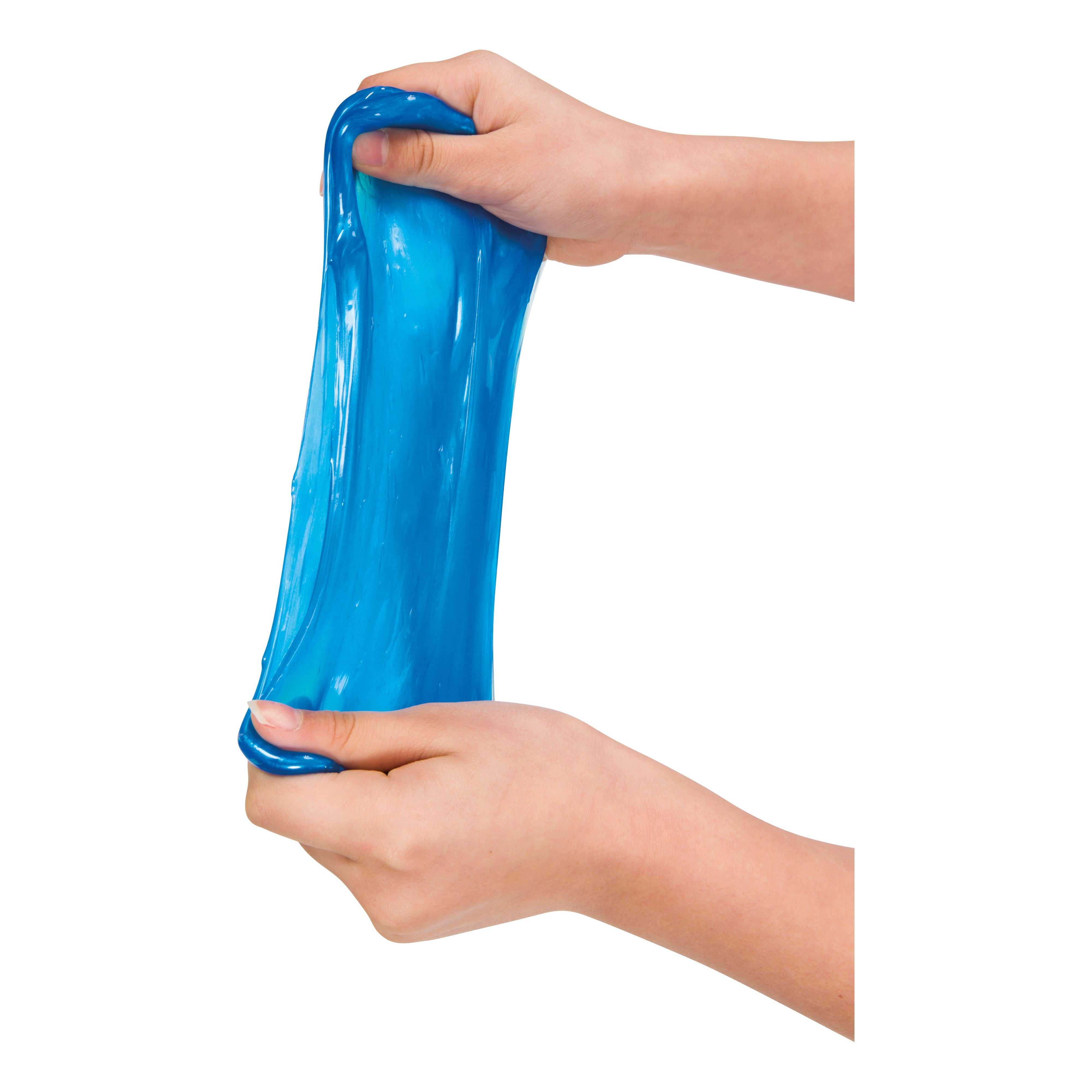 Two hands stretch Toysmith Metallic Slime, a shiny, metallic sensory toy from Toysmith, against a white background—ideal for fidgeting and stress relief.