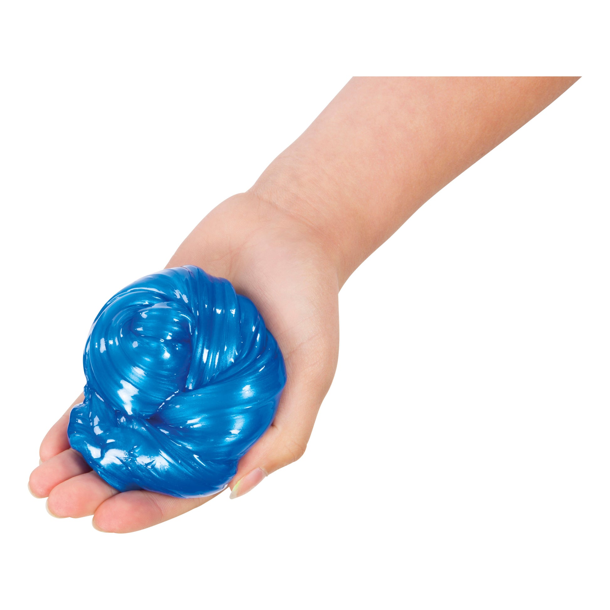 A hand holds Toysmith Metallic Slime—shiny blue with a swirled texture by Toysmith—against a white background, ideal for sensory play and fidgeting.
