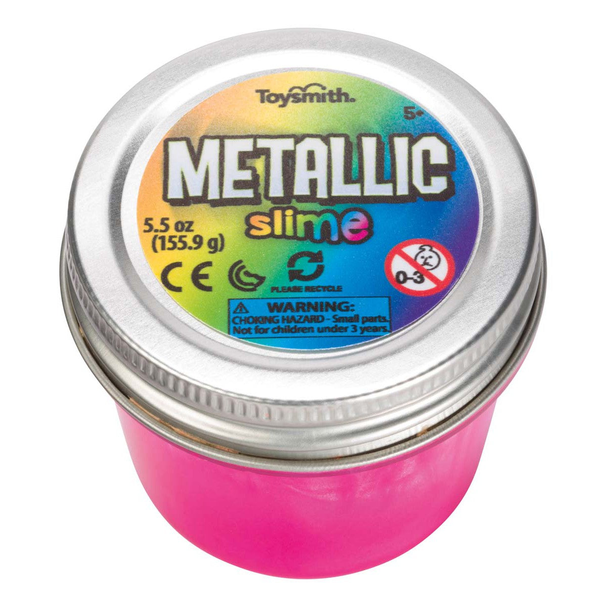 A 5.5 oz container of Toysmith Metallic Slime by Toysmith features pink metallic slime, a silver lid, a rainbow “METALLIC slime” label, and packaging with safety warnings and recycling symbols—great for sensory play.