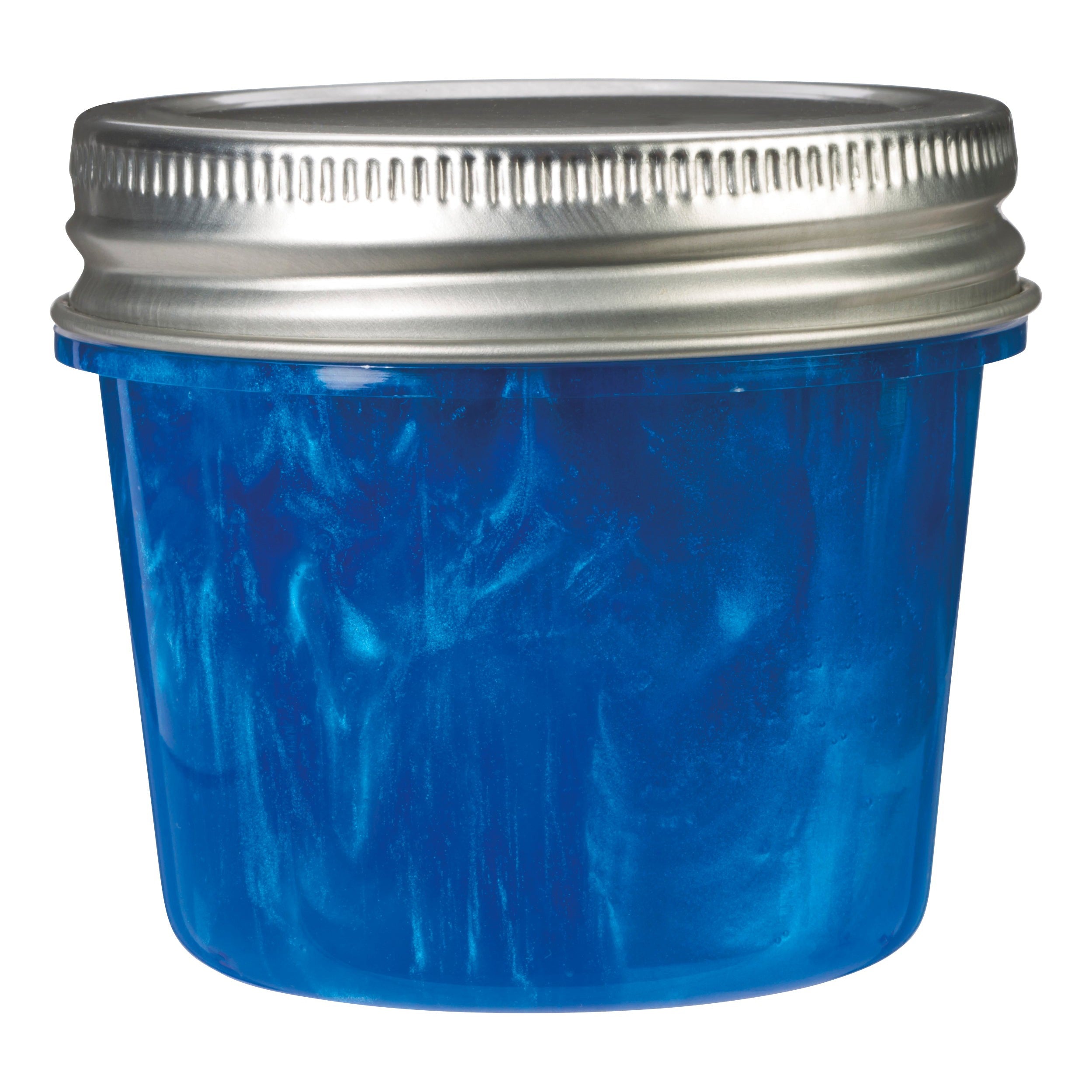 The Toysmith Metallic Slime by Toysmith comes in a small clear plastic container with a silver screw-top lid, filled with blue metallic slime—ideal for sensory play and fidgeting.