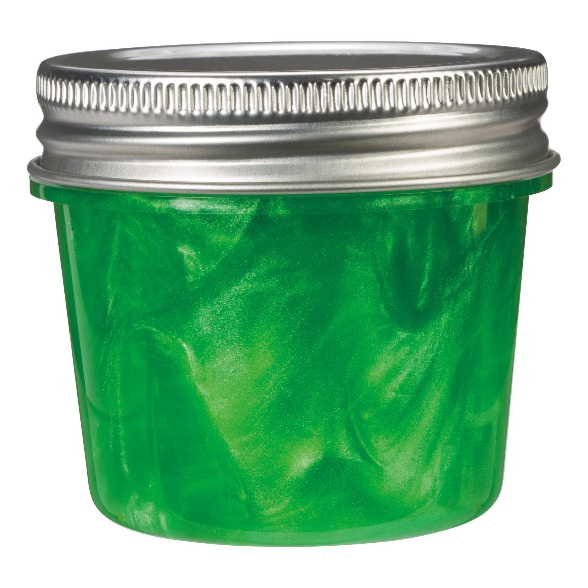 The Toysmith Metallic Slime by Toysmith comes in a small clear jar with a metallic screw-on lid, filled with shimmery green slime—ideal for sensory play and fidgeting.