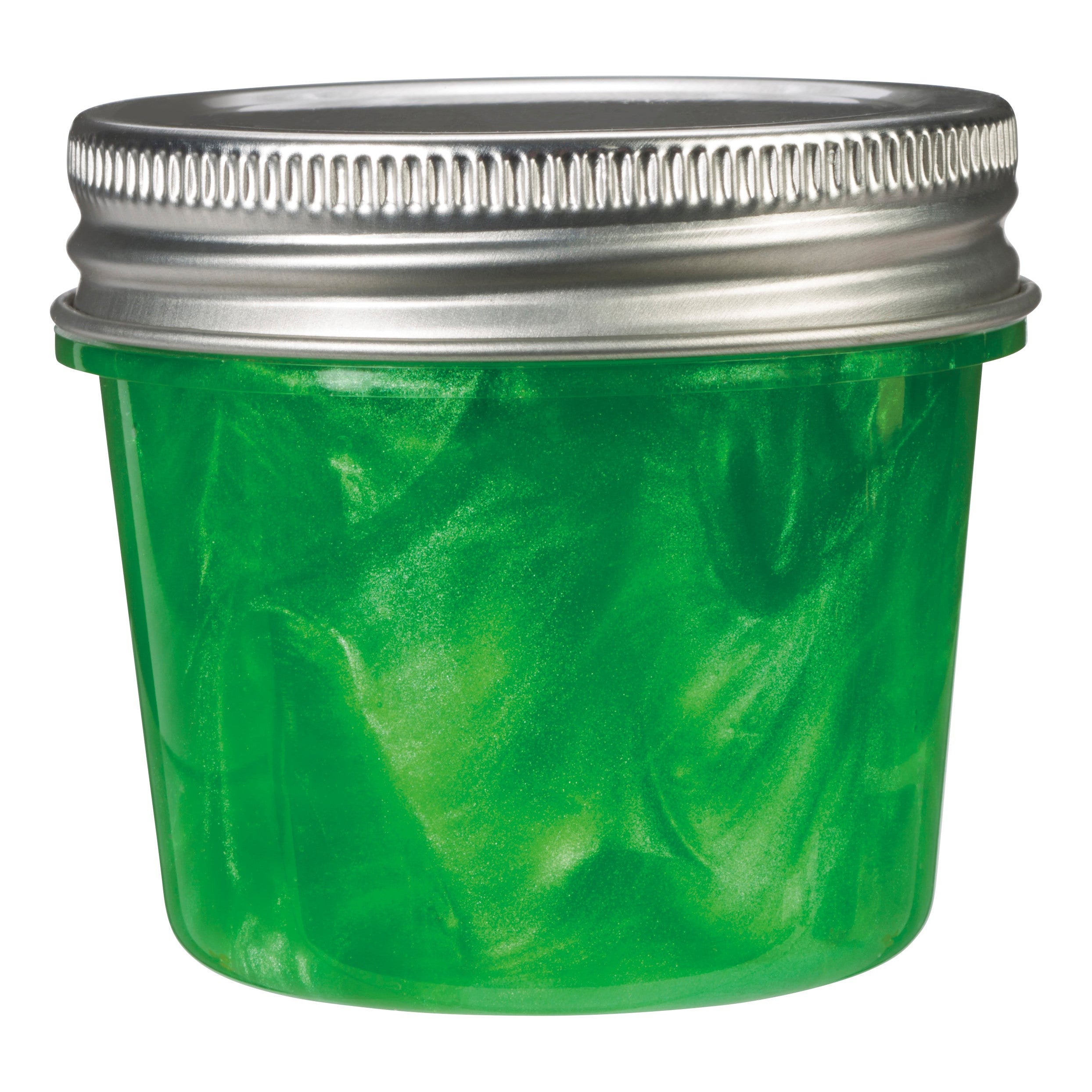 The Toysmith Metallic Slime by Toysmith comes in a small clear jar with a metallic screw-on lid, filled with shimmery green slime—ideal for sensory play and fidgeting.