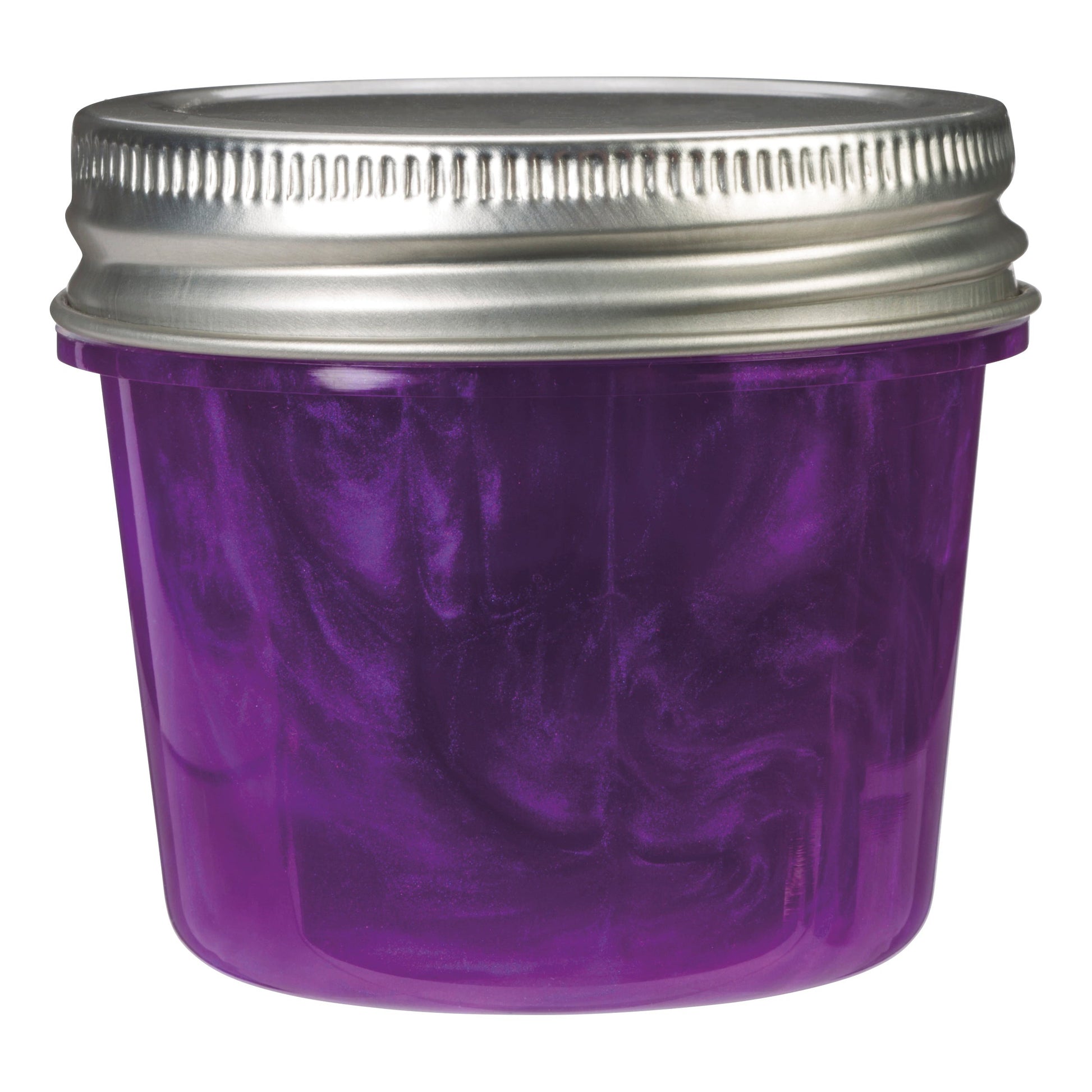 The Toysmith Metallic Slime by Toysmith comes in a small clear plastic jar with a silver screw-on lid, filled with shimmering purple metallic slime—ideal for sensory play or fidgeting.