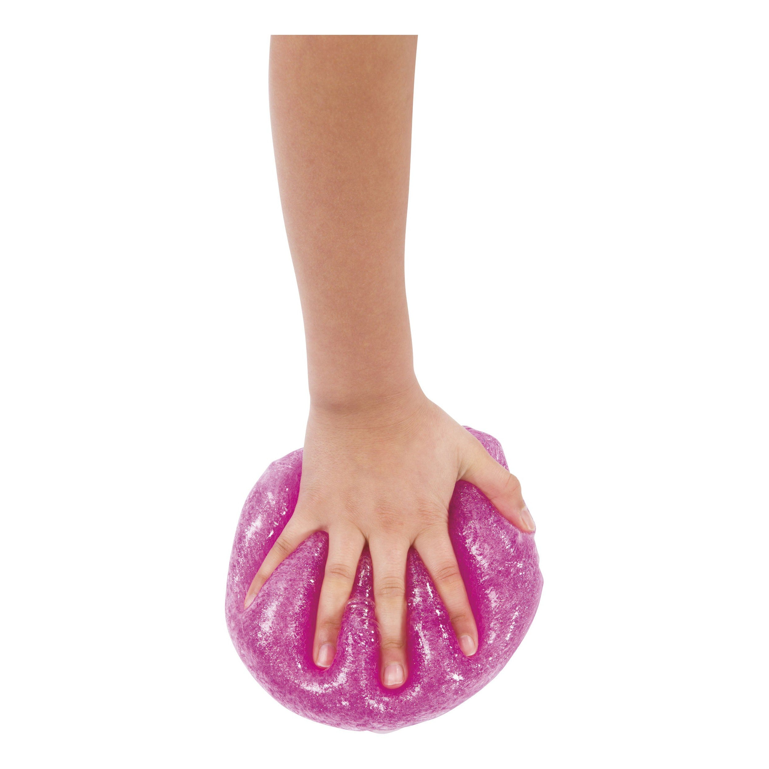 A hand presses down on a mound of Toysmith Glitter Slime, causing it to spread under the fingers—a fun sensory play activity by Toysmith shown against a white background.