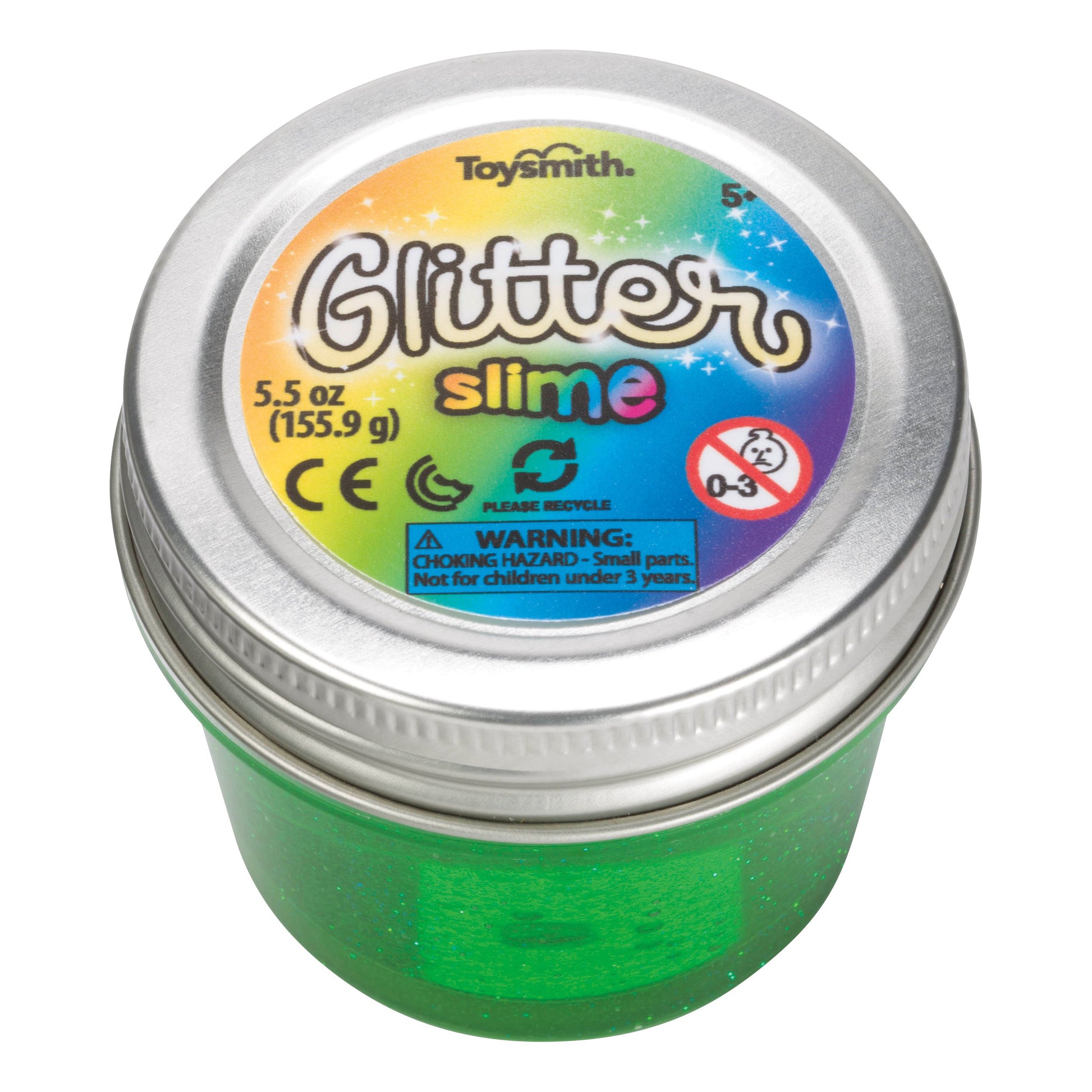 A small jar of Toysmith Glitter Slime by Toysmith features a silver lid, colorful label with glittery text, safety warnings, recycling info, and bright green sparkly slime inside—great for fidgeting or sensory play.