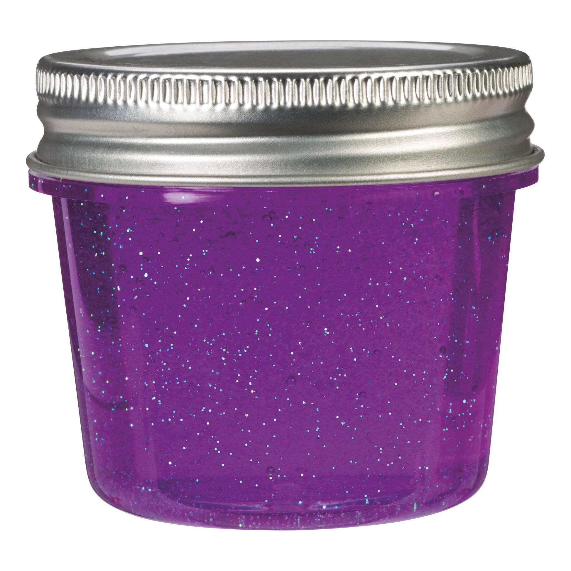 The Toysmith Glitter Slime by Toysmith comes in a small clear container with a silver screw-on lid, filled with purple glitter slime—great for sensory play or fidgeting.