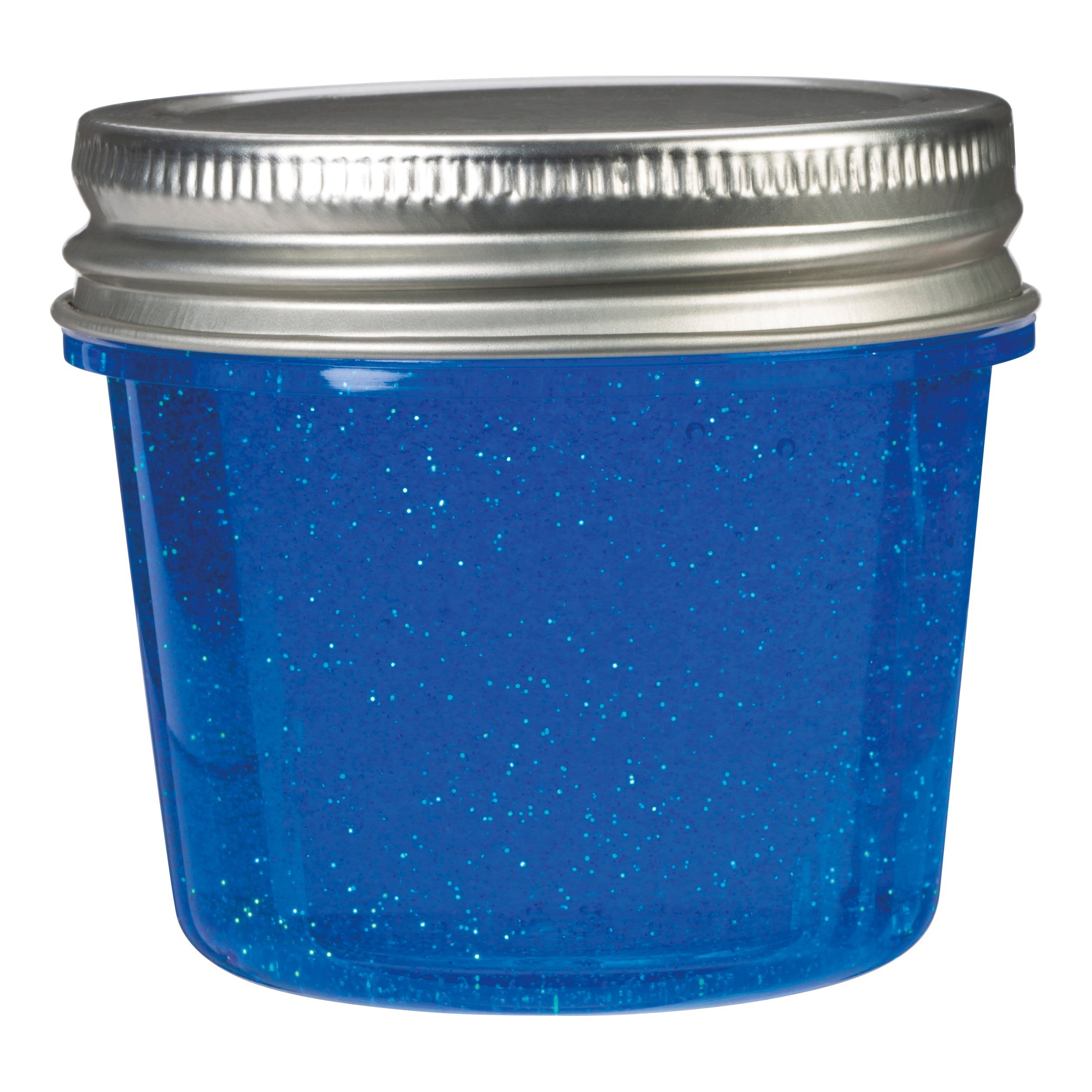 The Toysmith Glitter Slime by Toysmith comes in a clear plastic jar with a silver lid, filled with blue glitter slime—ideal for sensory play and fidgeting.