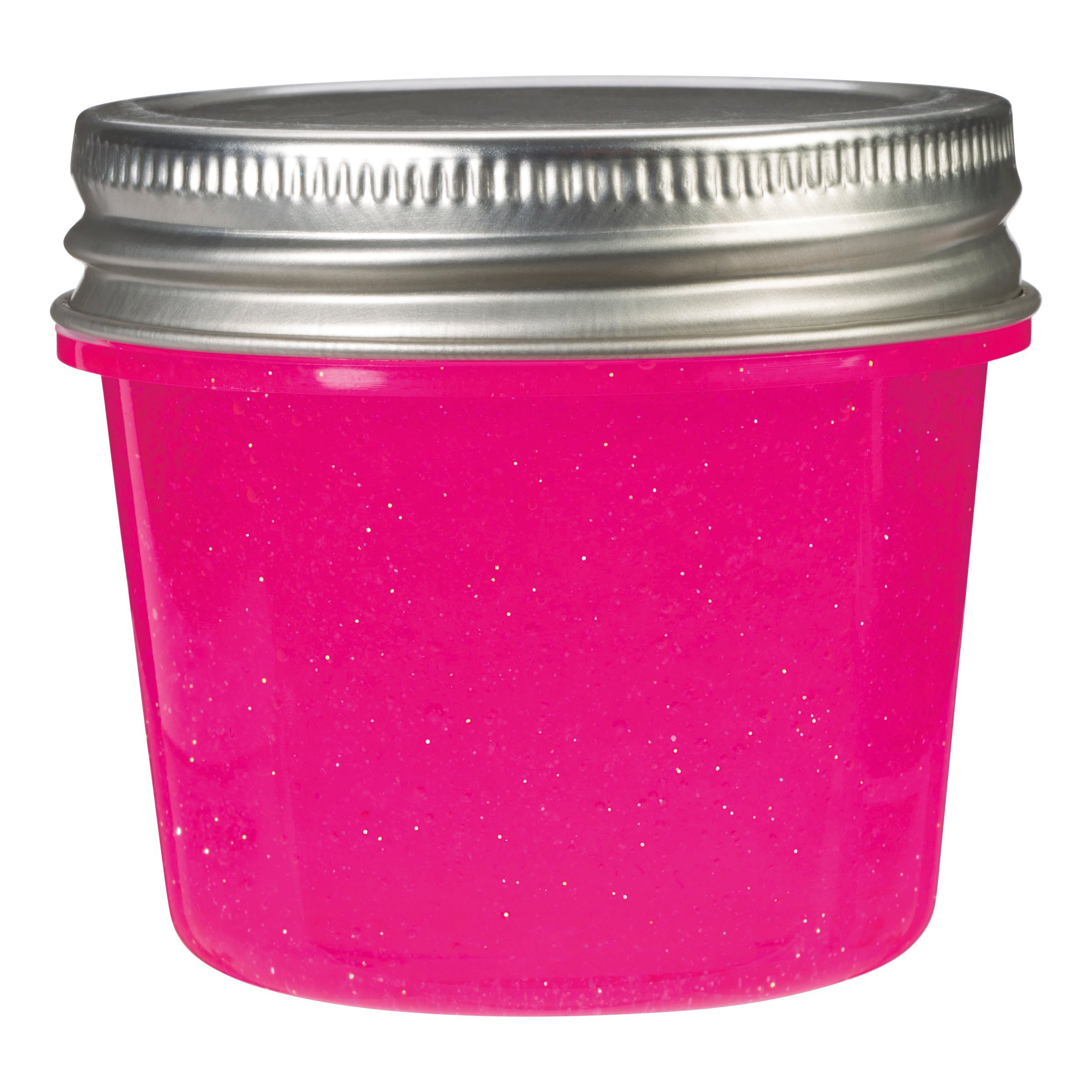 The Toysmith Glitter Slime comes in a small clear plastic jar with a silver metal screw-on lid, filled with bright pink glitter slime—perfect for sensory play and fidgeting fun.