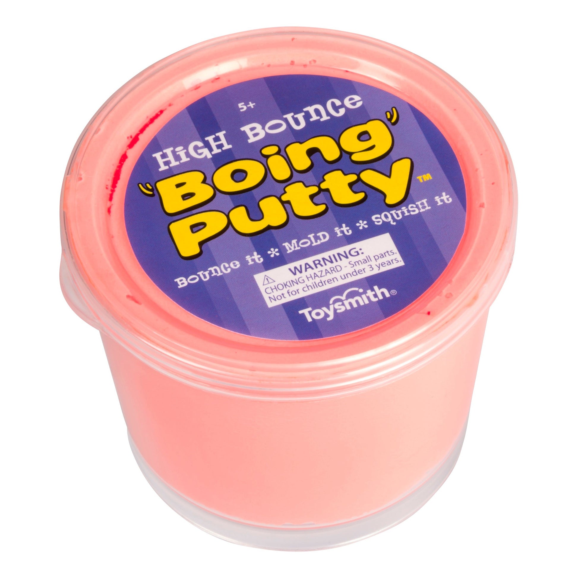 Toysmith Hi-Bounce Boing Putty by Toysmith comes in a clear plastic container with pink putty and a purple lid. Ideal for sensory play and stress relief. Contains small parts; suitable for ages 5+.